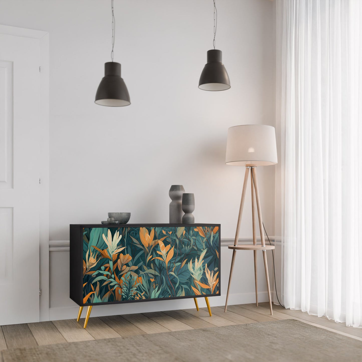 FLORAL SERENITY 2-Door Sideboard in Black Finish