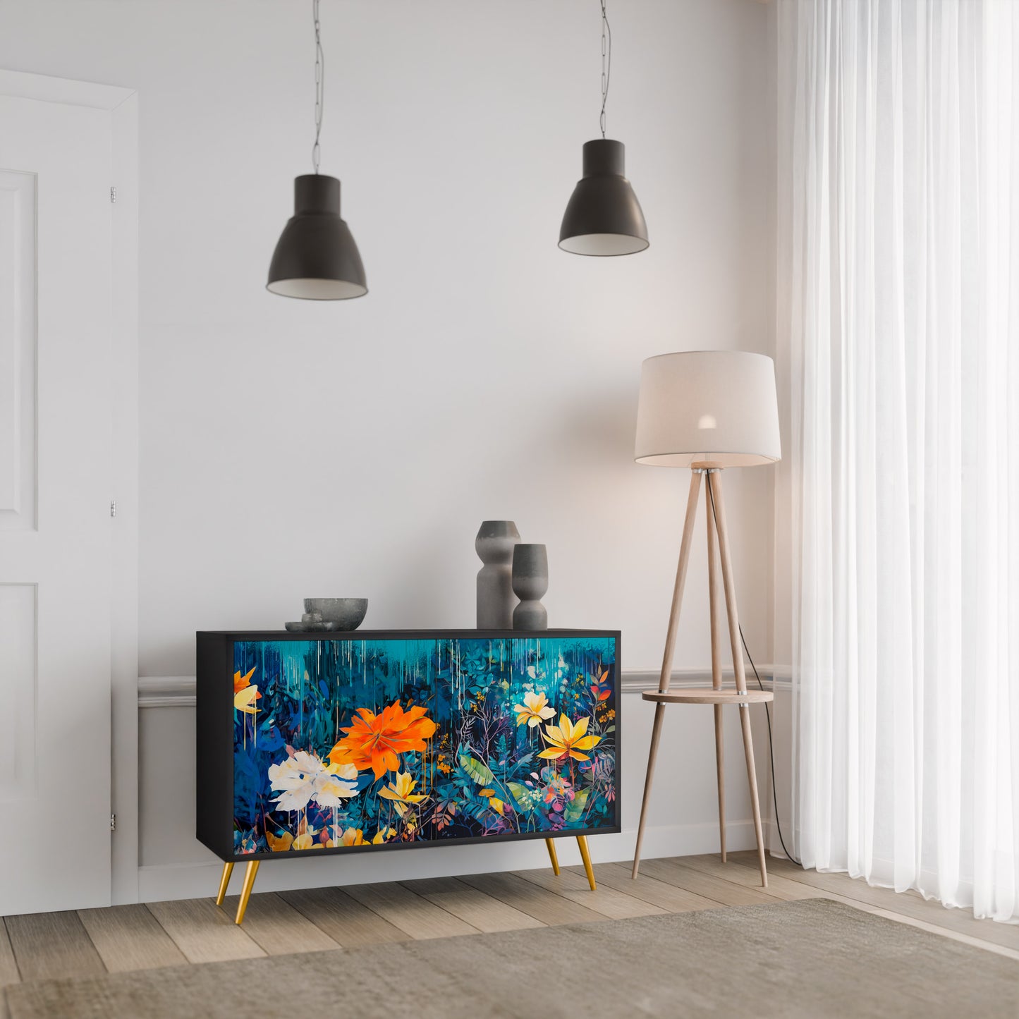 MIDNIGHT BLOSSOM 2-Door Sideboard in Black Finish