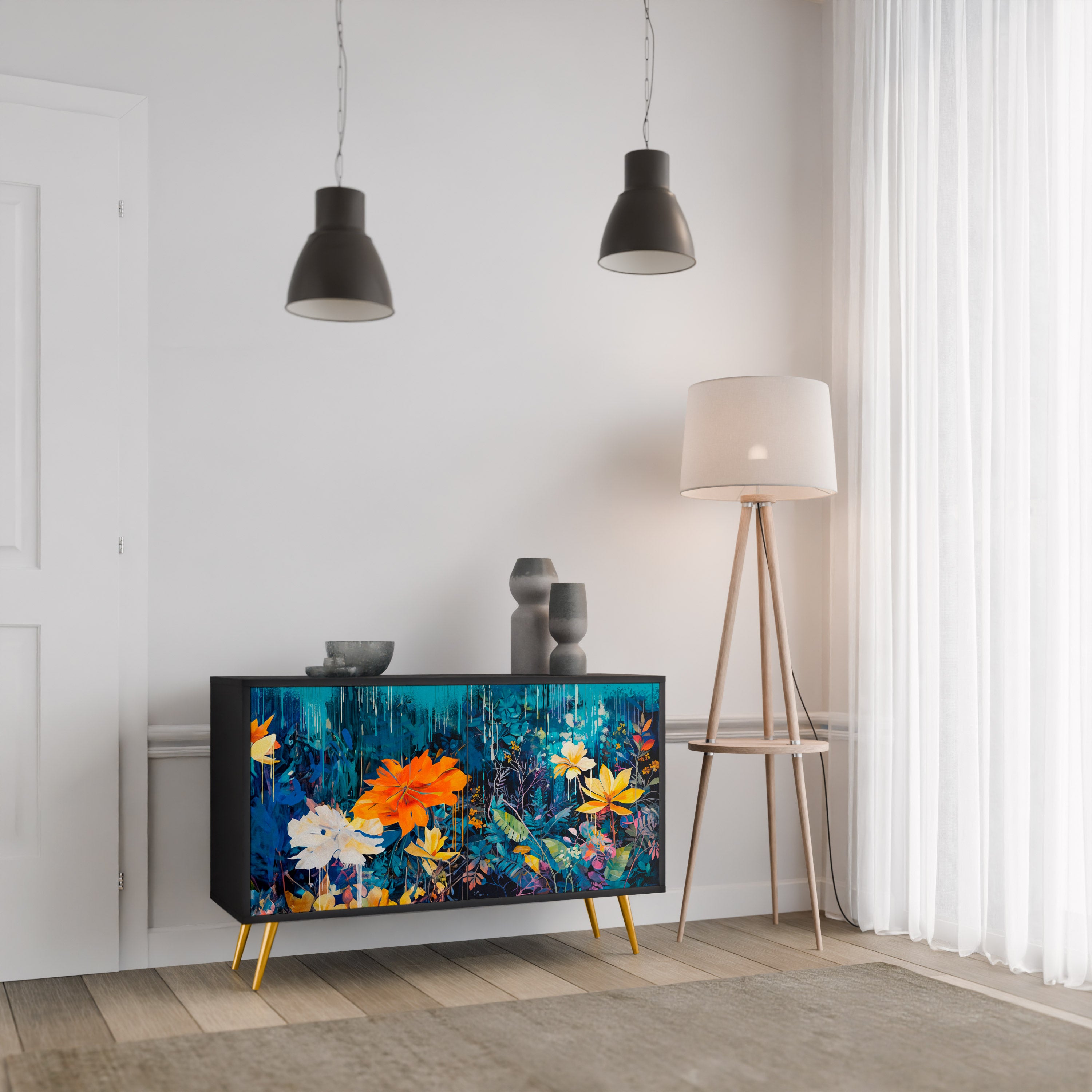 MIDNIGHT BLOSSOM 2-dörrars skänk i svart finish