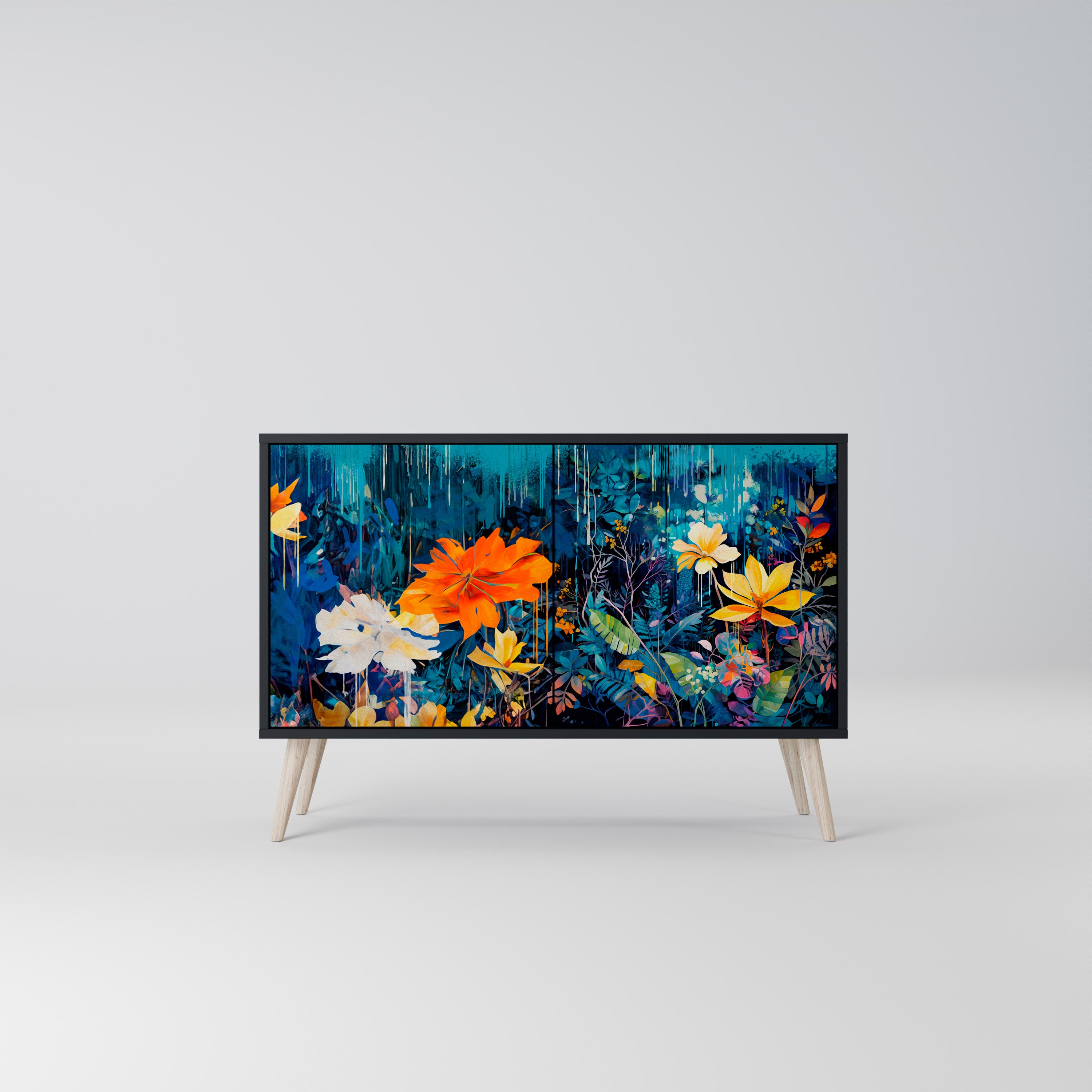 MIDNIGHT BLOSSOM 2-dörrars skänk i svart finish
