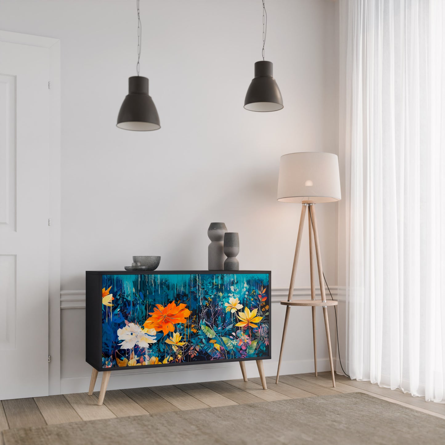 MIDNIGHT BLOSSOM 2-Door Sideboard in Black Finish