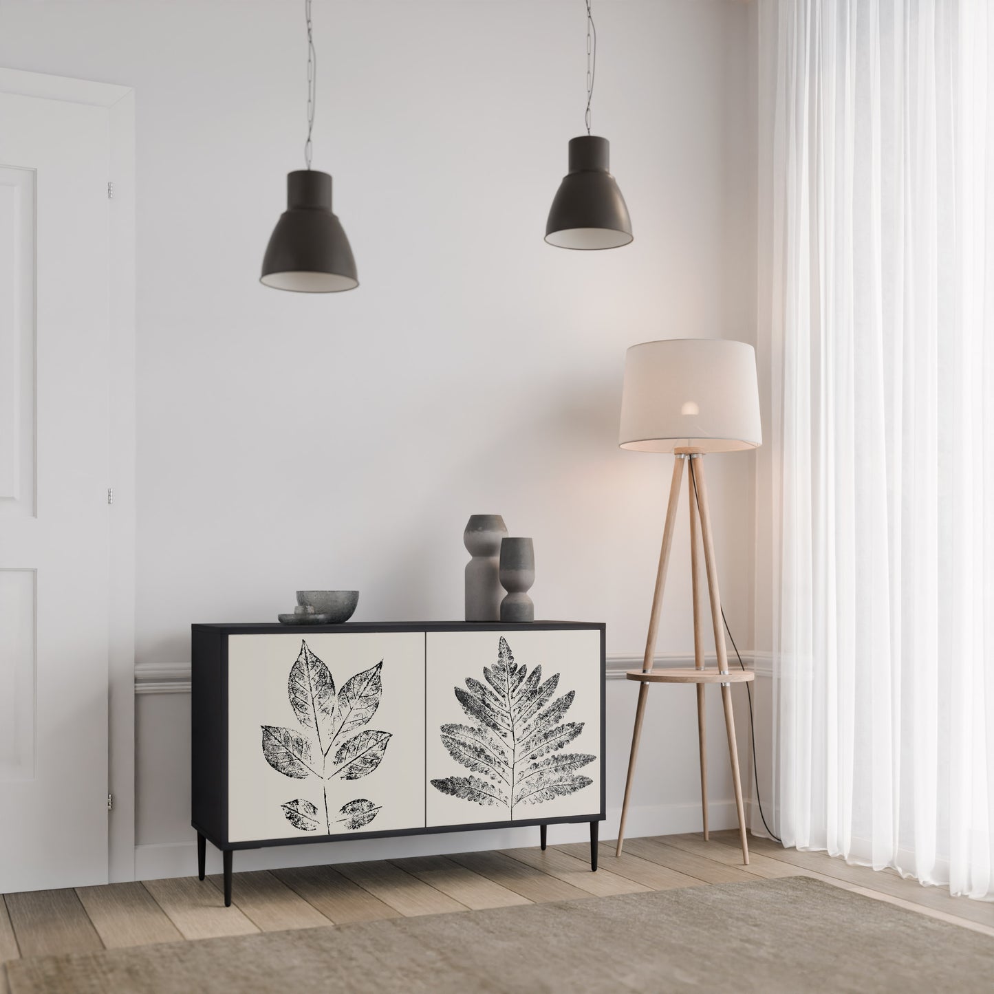 LEAFY STAMPS 2-Door Sideboard in Black Finish