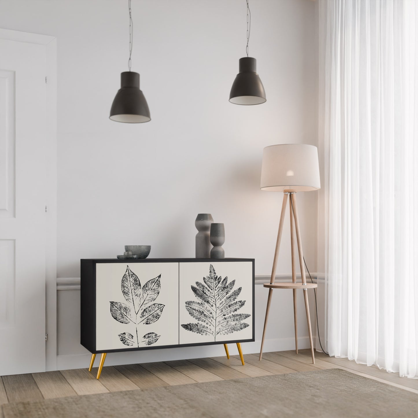 LEAFY STAMPS 2-Door Sideboard in Black Finish
