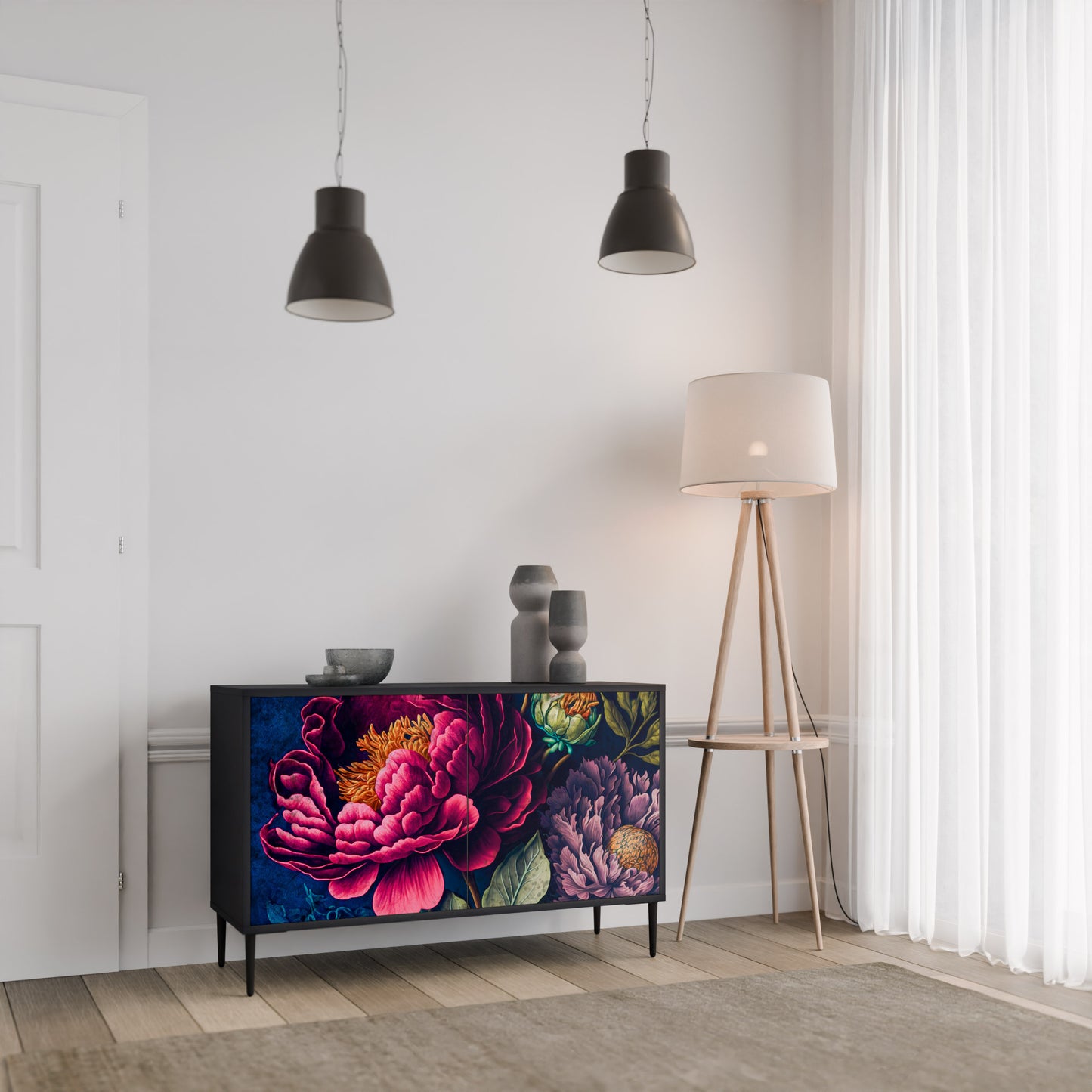 BLOOMING ELEGANCE 2-Door Sideboard in Black Finish