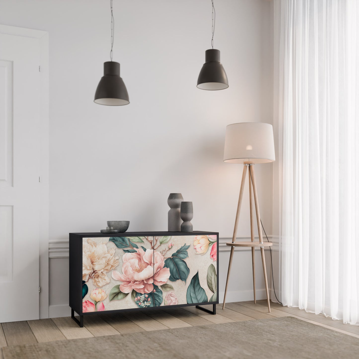 FLORAL GRACE 2-Door Sideboard in Black Finish