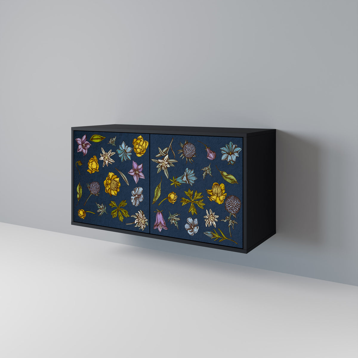 FLOWERS ON NAVY BLUE Skänk med två dörrar