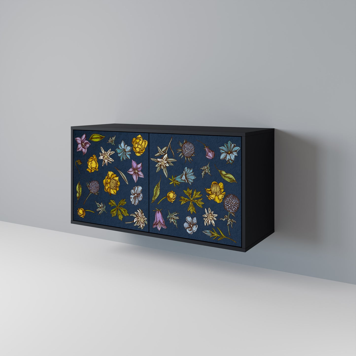 FLOWERS ON NAVY BLUE Skänk med två dörrar