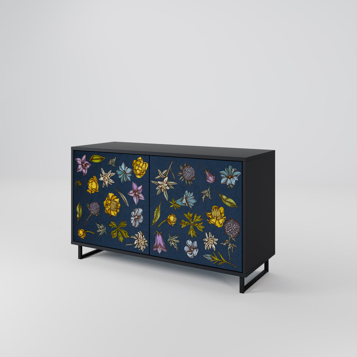 FLOWERS ON NAVY BLUE Skänk med två dörrar