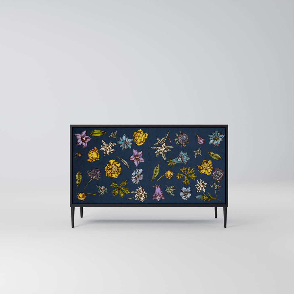 BLOMMOR PÅ MARINBLÅ 2-dörrars skänk i svart finish