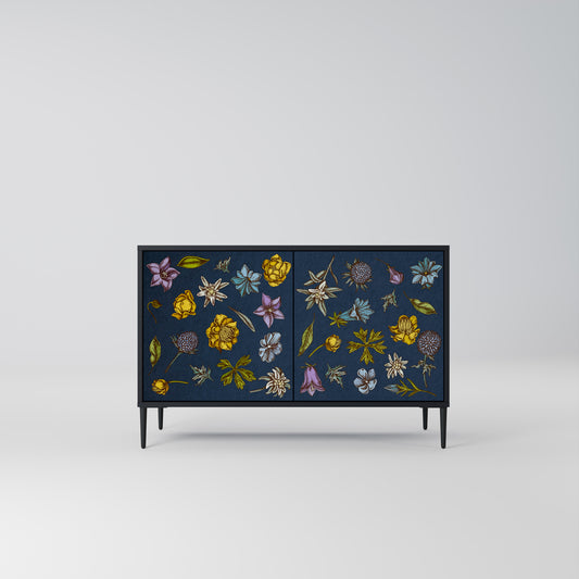 BLOMMOR PÅ MARINBLÅ 2-dörrars skänk i svart finish