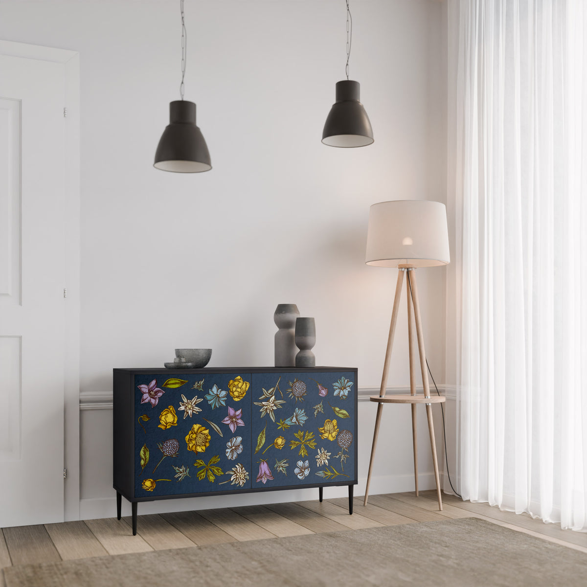 FLOWERS ON NAVY BLUE Skänk med två dörrar