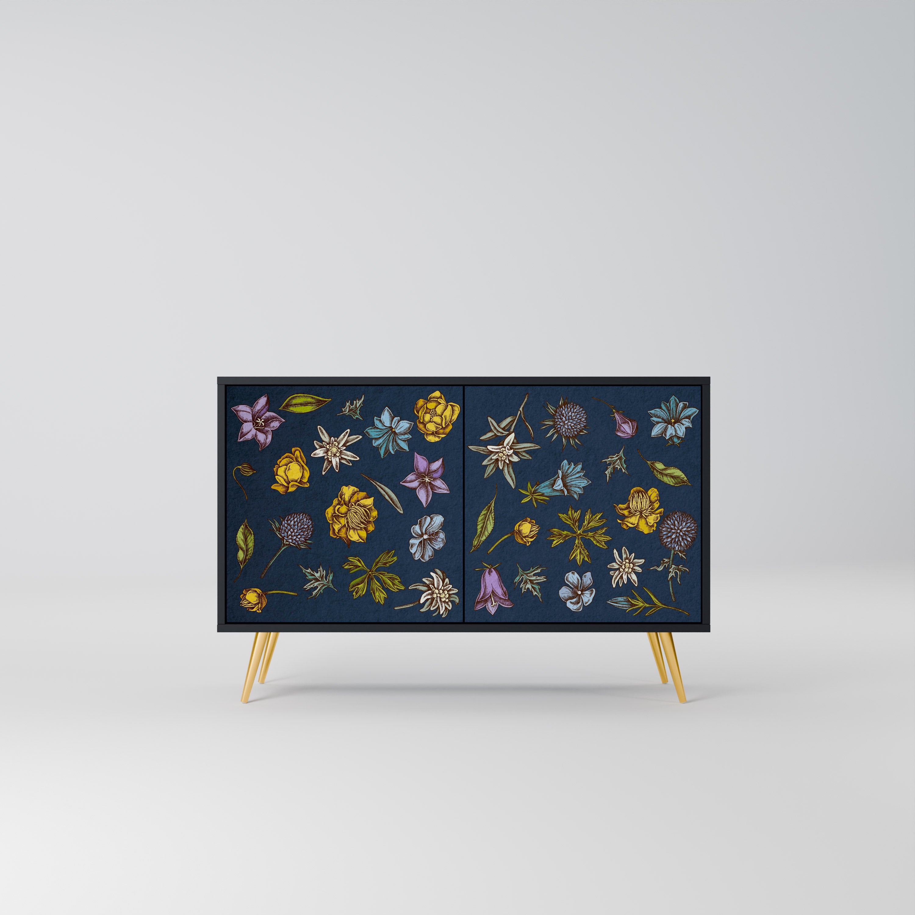 BLOMMOR PÅ MARINBLÅ 2-dörrars skänk i svart finish