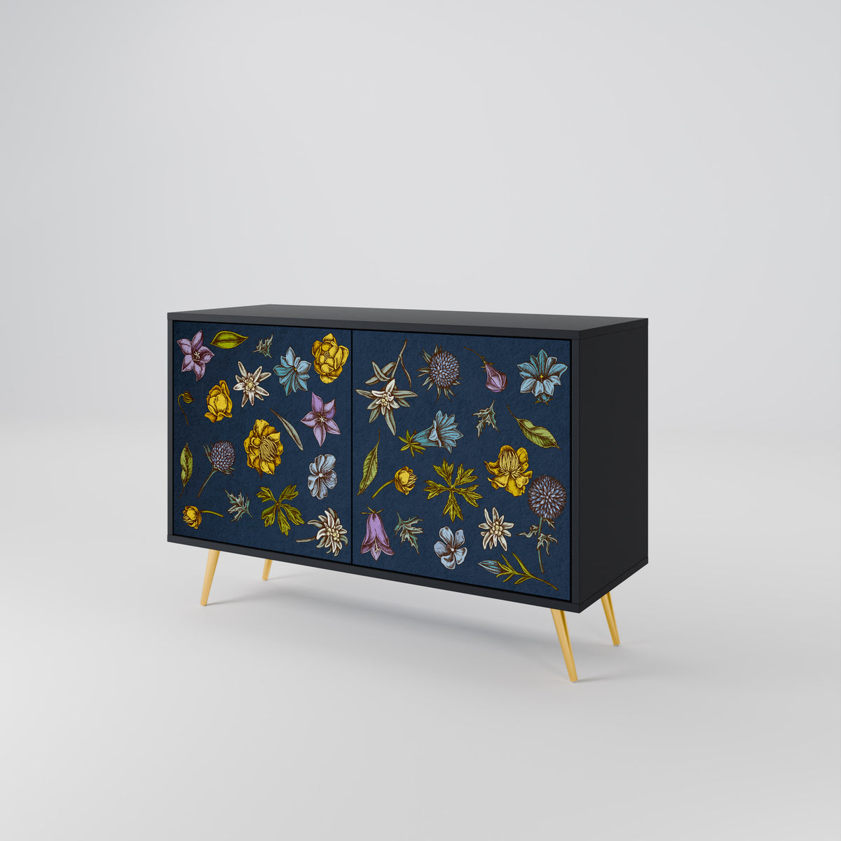 FLOWERS ON NAVY BLUE Skänk med två dörrar