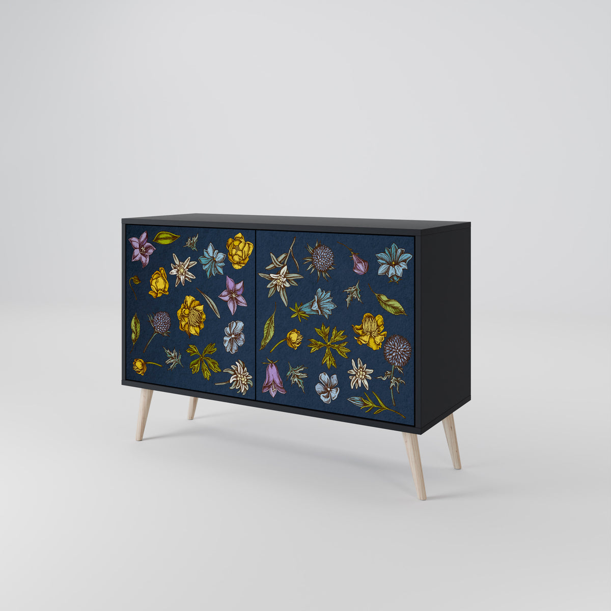 FLOWERS ON NAVY BLUE Skänk med två dörrar