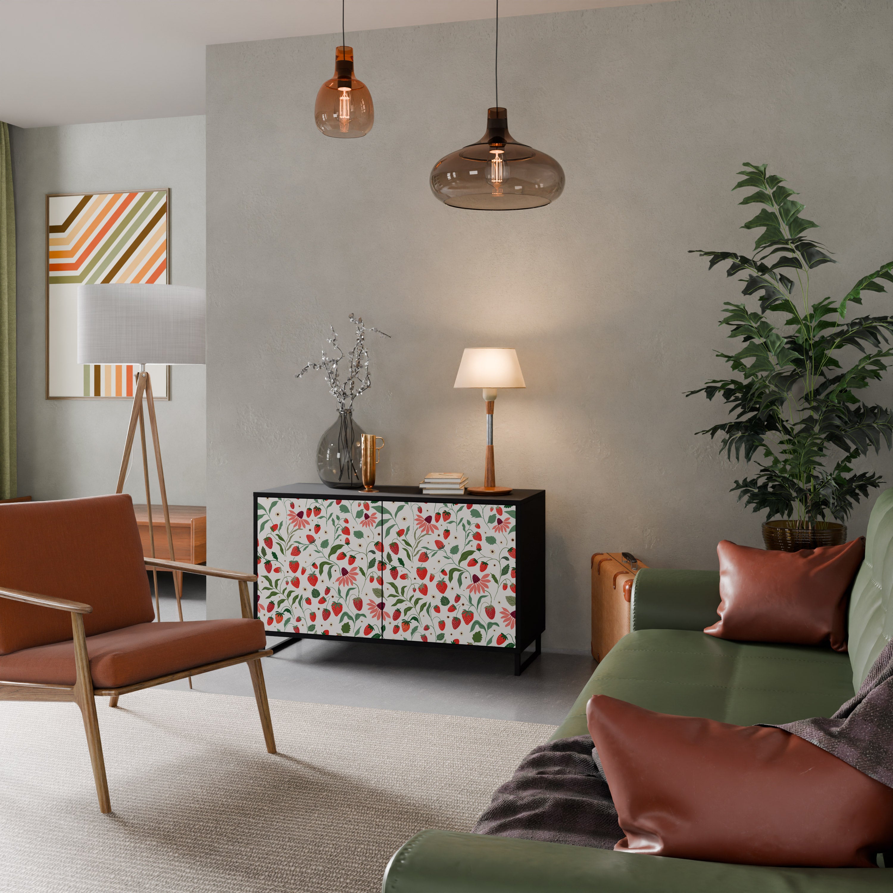 BLOMMOR OCH JORDGUBBAR 2-dörrars skänk i svart finish