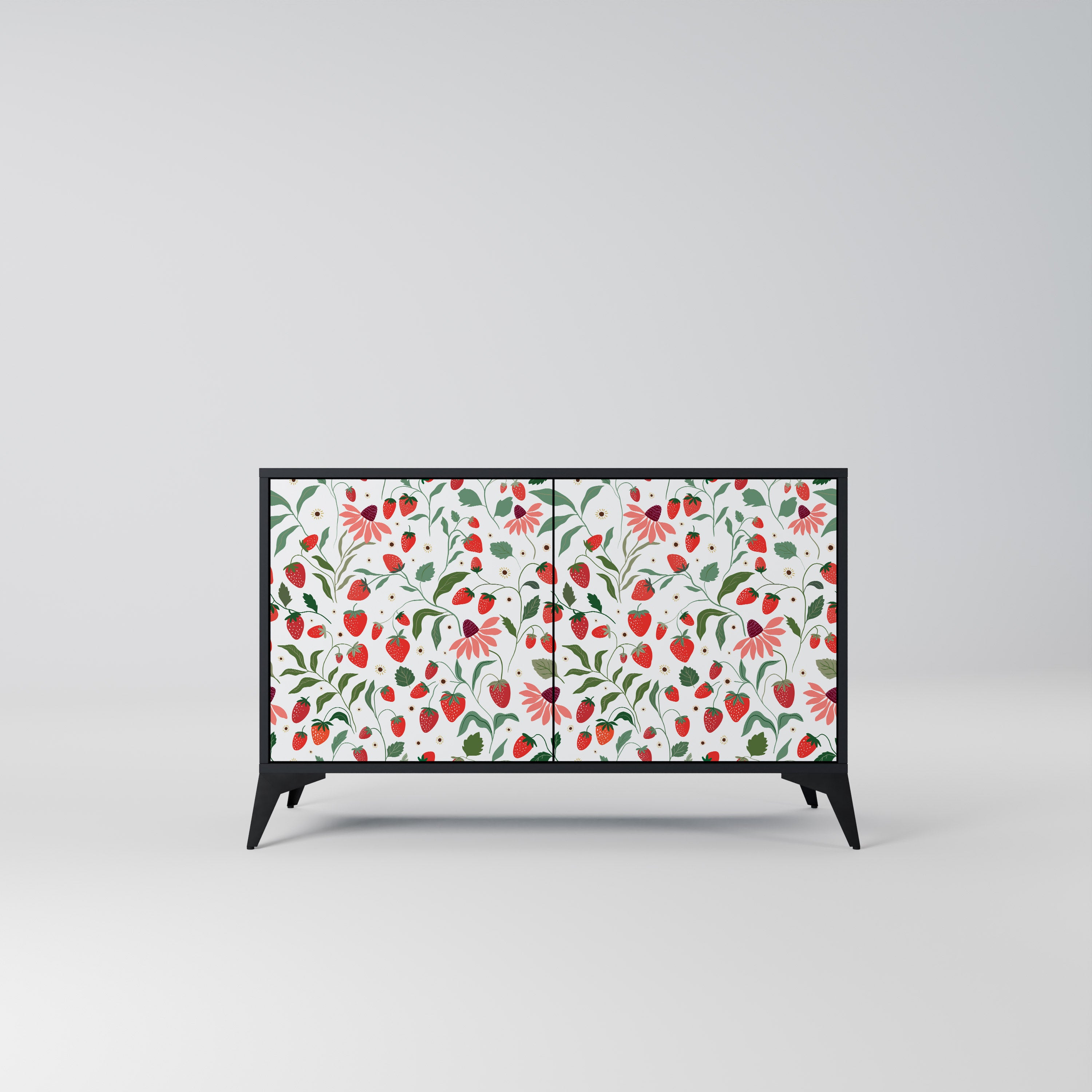BLOMMOR OCH JORDGUBBAR 2-dörrars skänk i svart finish