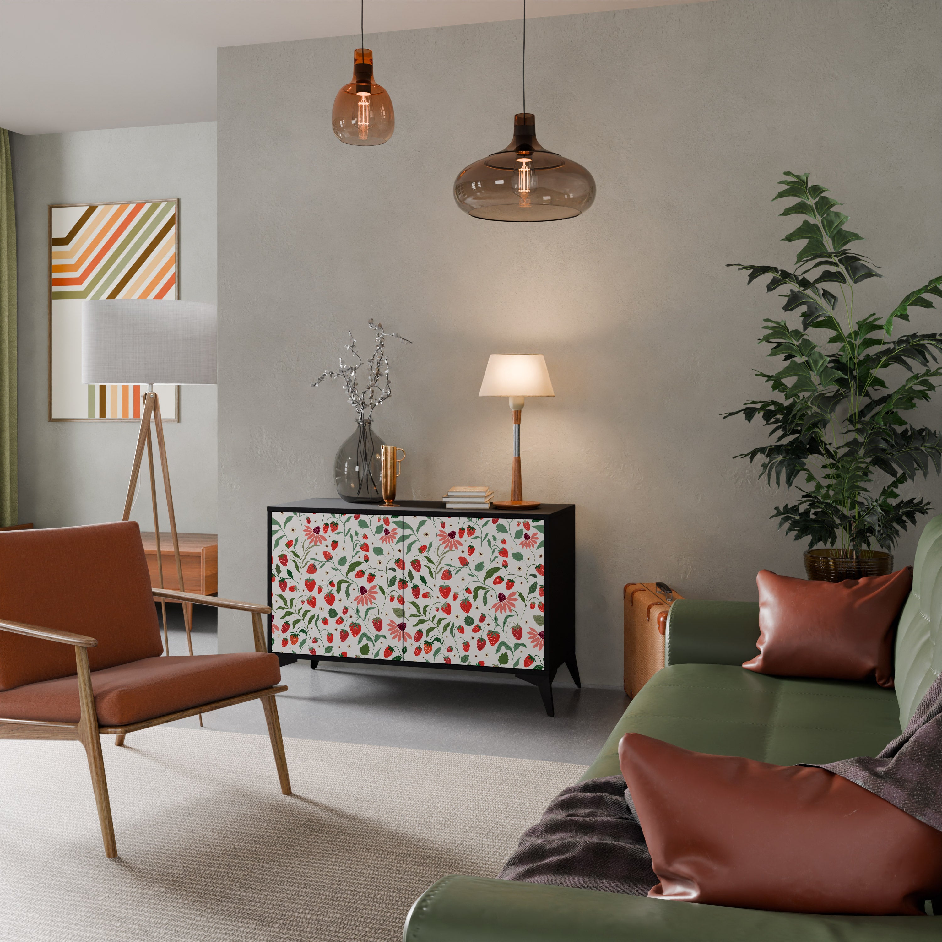 BLOMMOR OCH JORDGUBBAR 2-dörrars skänk i svart finish