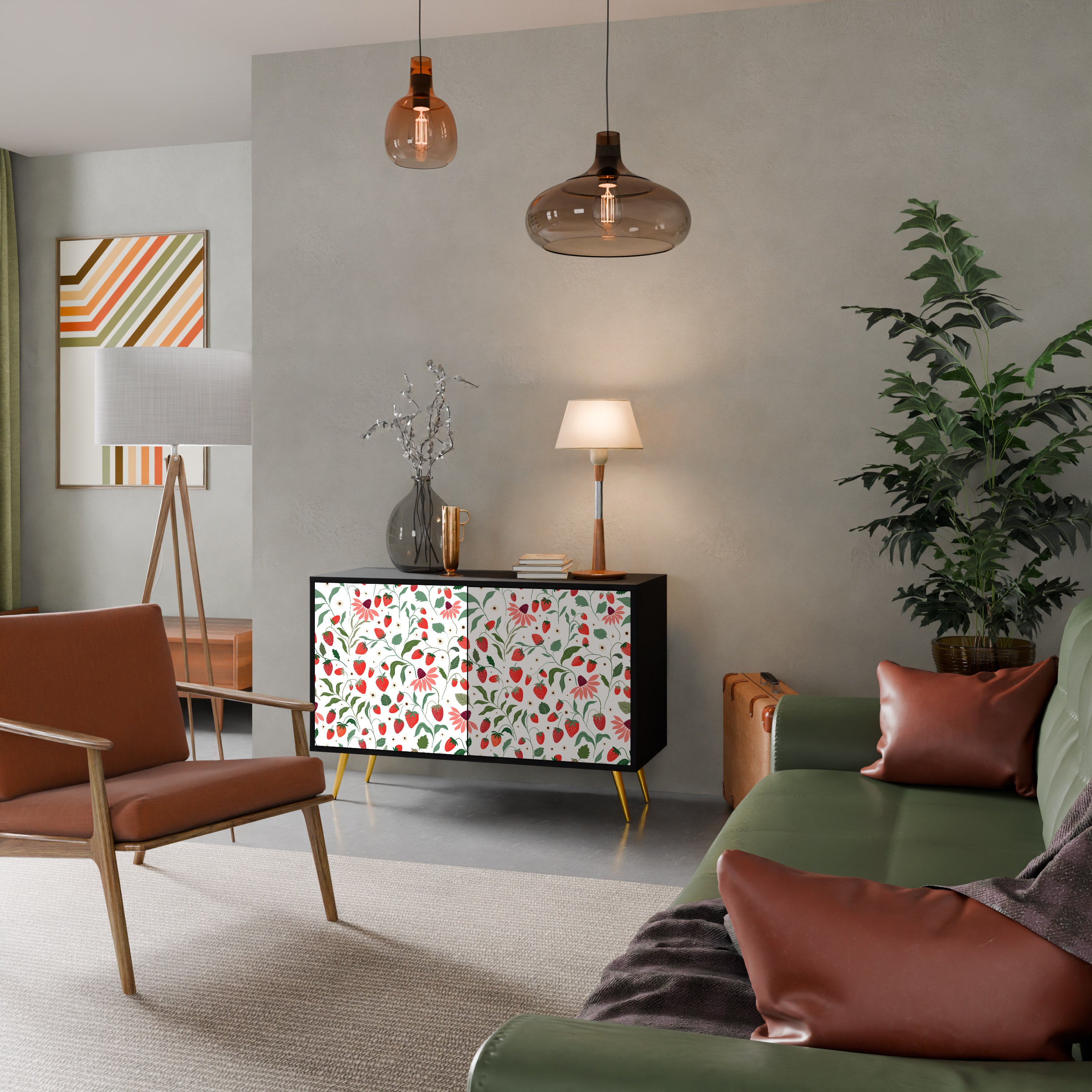BLOMMOR OCH JORDGUBBAR 2-dörrars skänk i svart finish