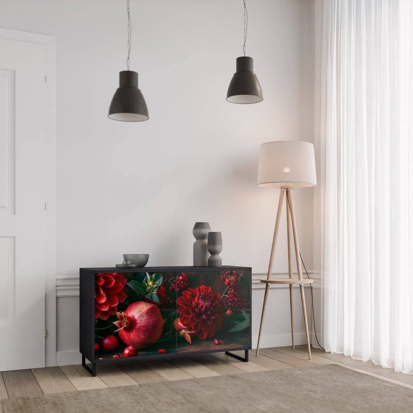 DAHLIA OCH GRANATÄPLEN 2-dörrars skänk i svart finish