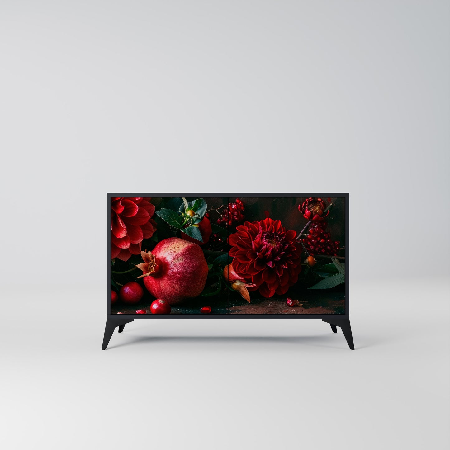 DAHLIA OCH GRANATÄPLEN 2-dörrars skänk i svart finish