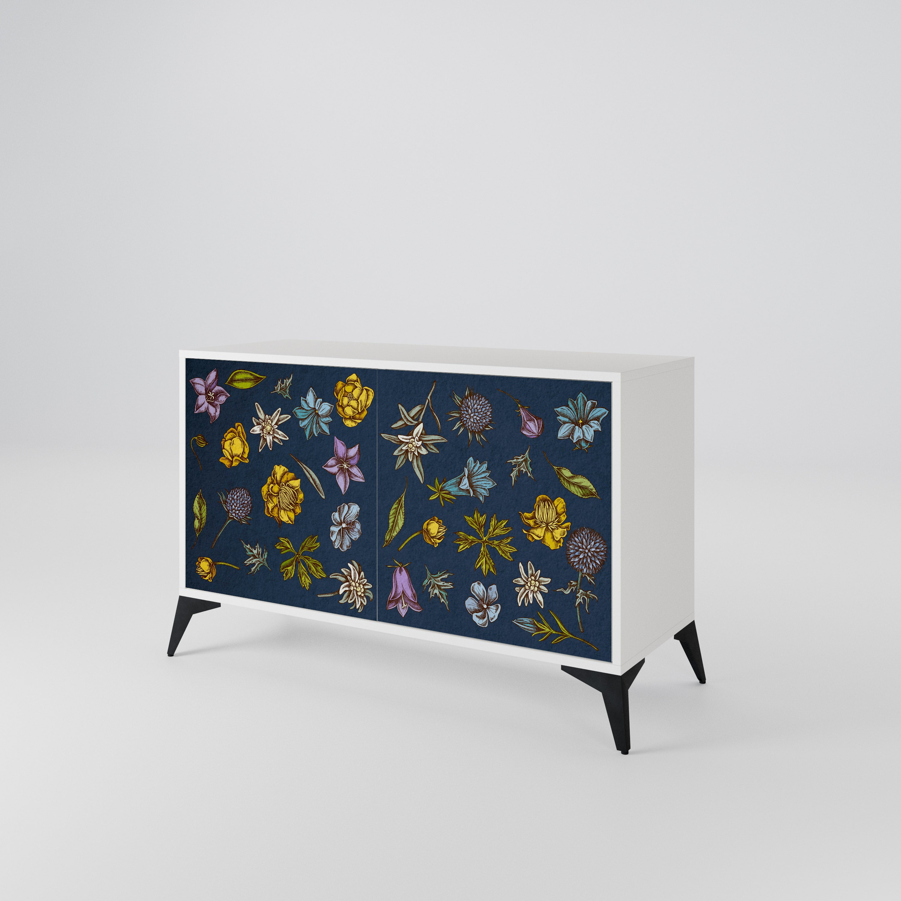 FLOWERS ON NAVY BLUE Skänk med två dörrar