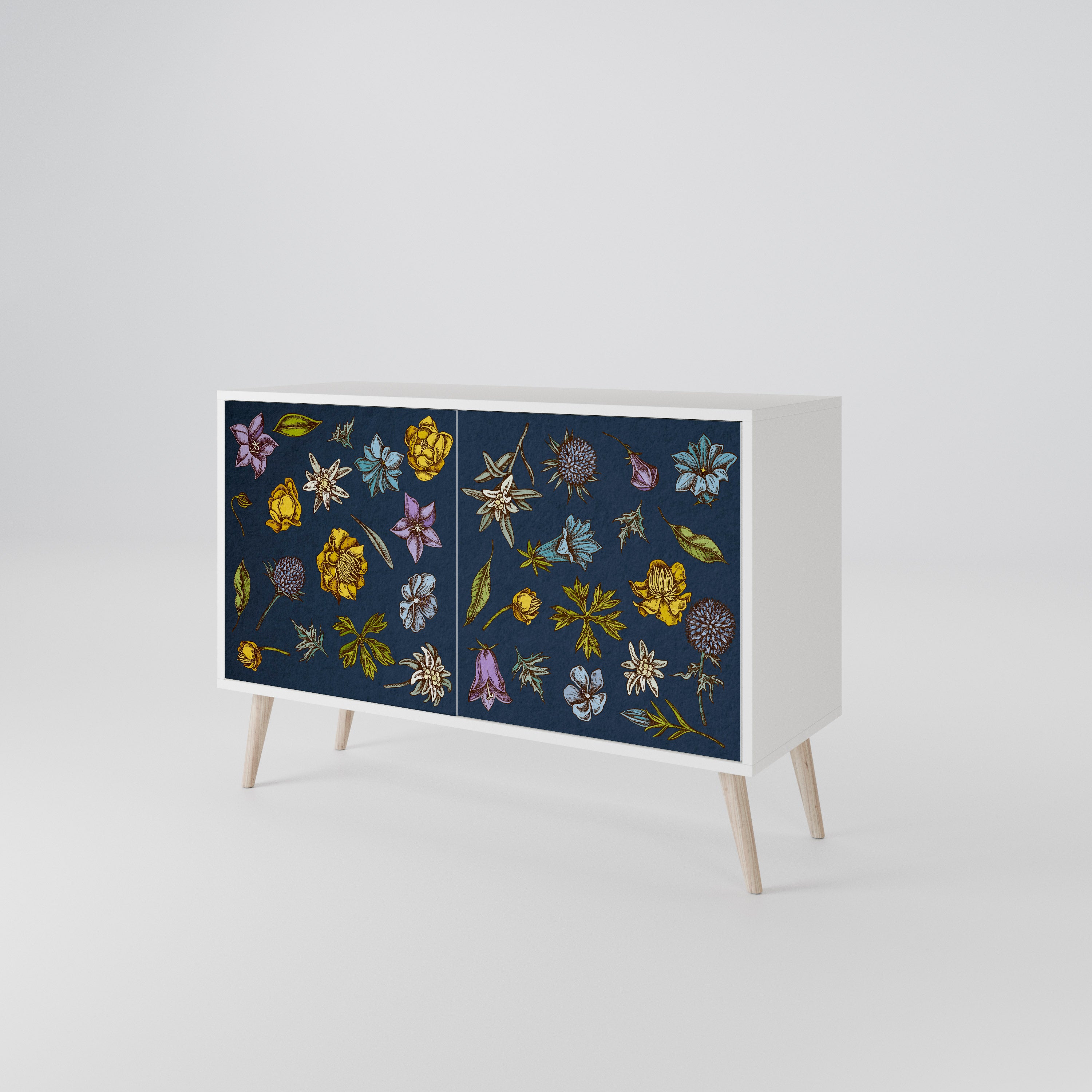 FLOWERS ON NAVY BLUE Skänk med två dörrar