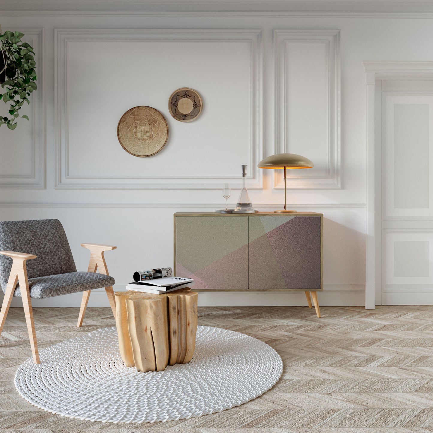 BEIGE GEOMETRY 2-dörrars skänk i ekeffekt