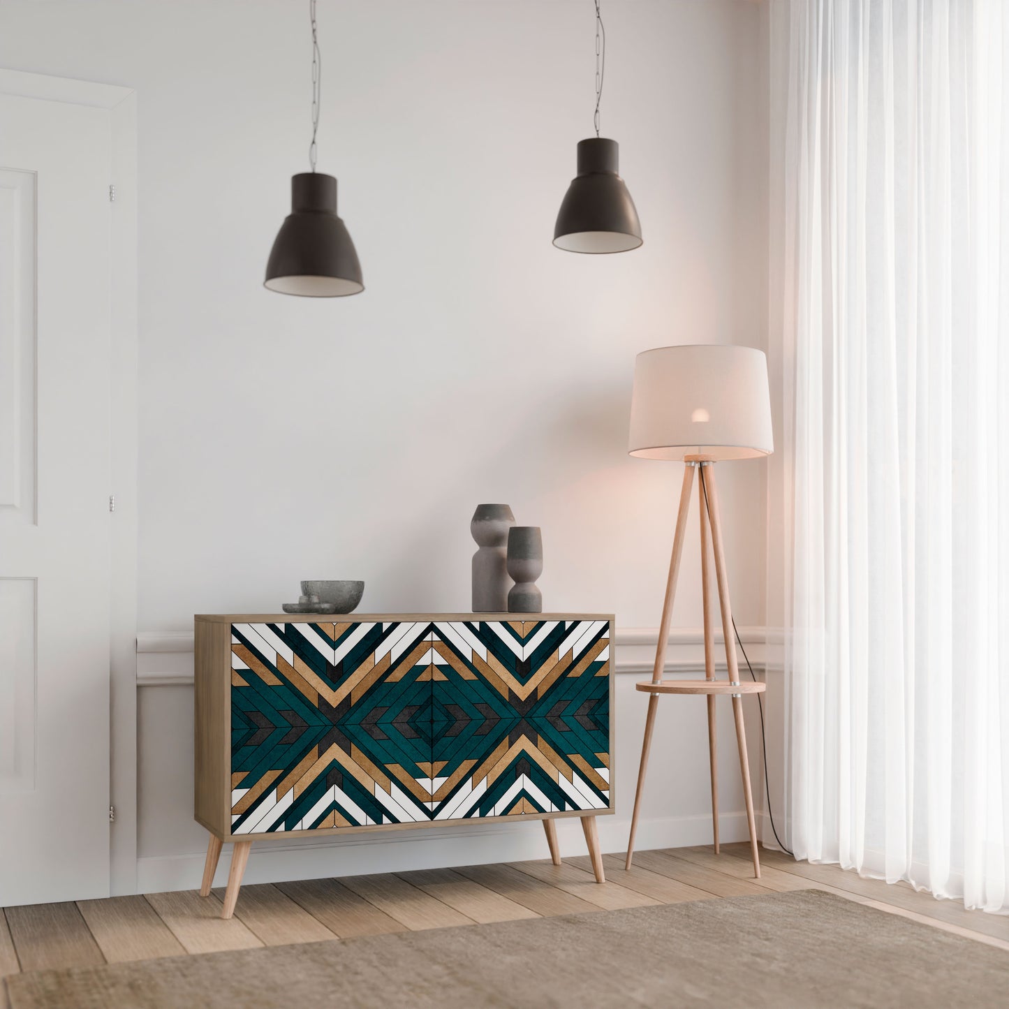 KONSTNÄRLIG GEOMETRI 2-dörrars skänk i ekeffekt