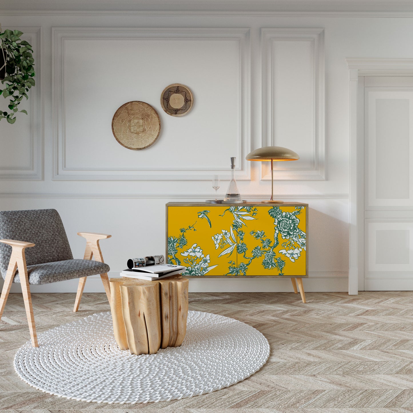 YELLOW CHINOISERIE 2-Door Sideboard in Oak Effect