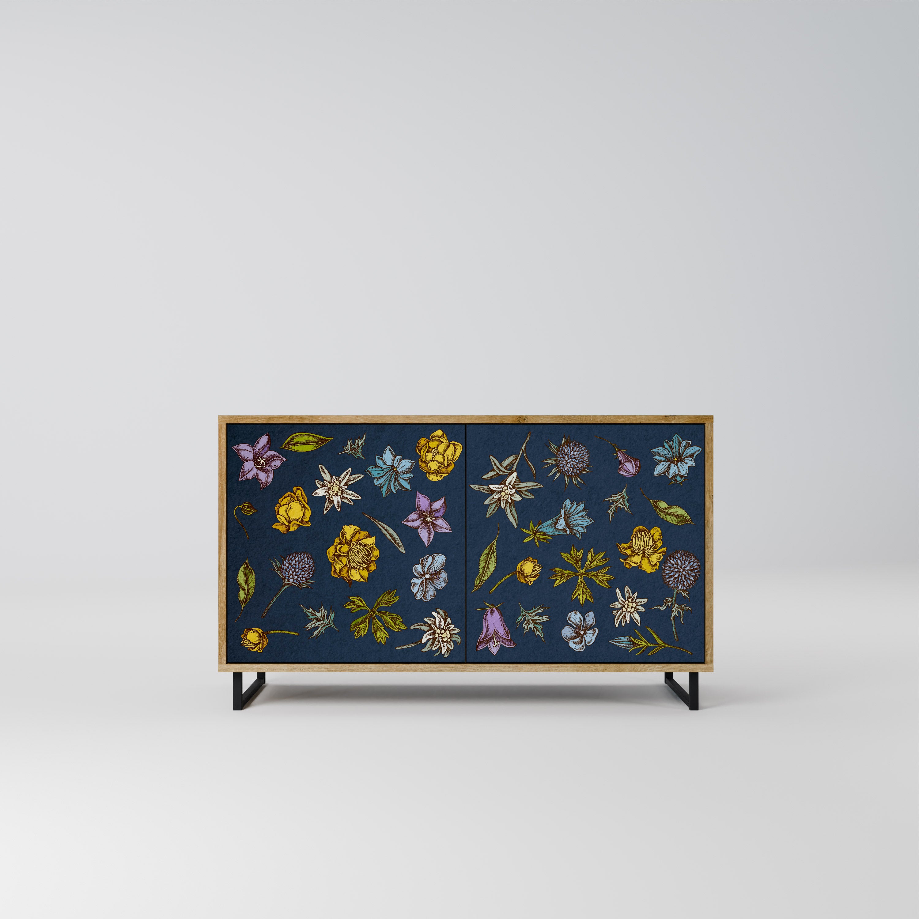 FLOWERS ON NAVY BLUE 2-Door Sideboard in Oak Effect