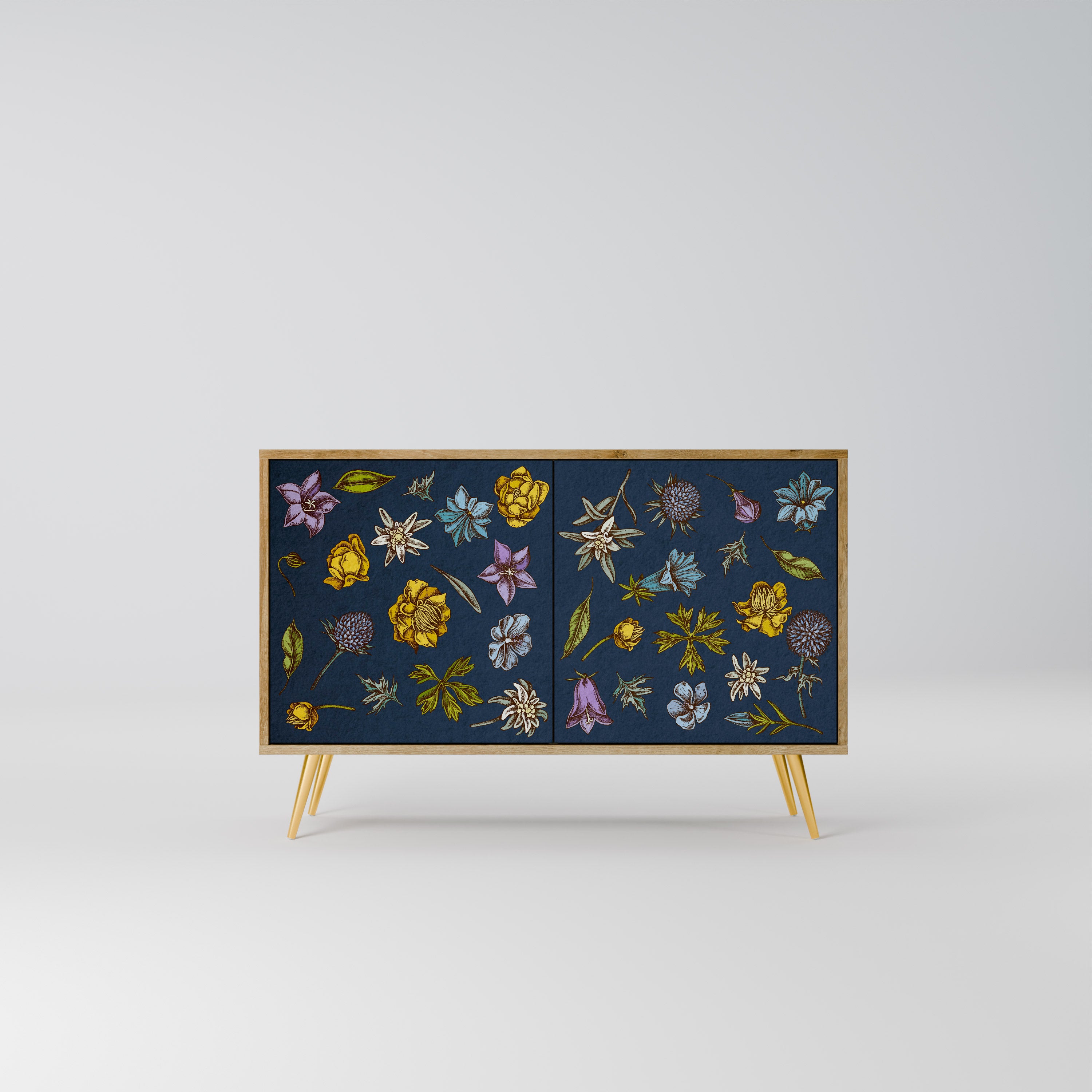 FLOWERS ON NAVY BLUE 2-Door Sideboard in Oak Effect