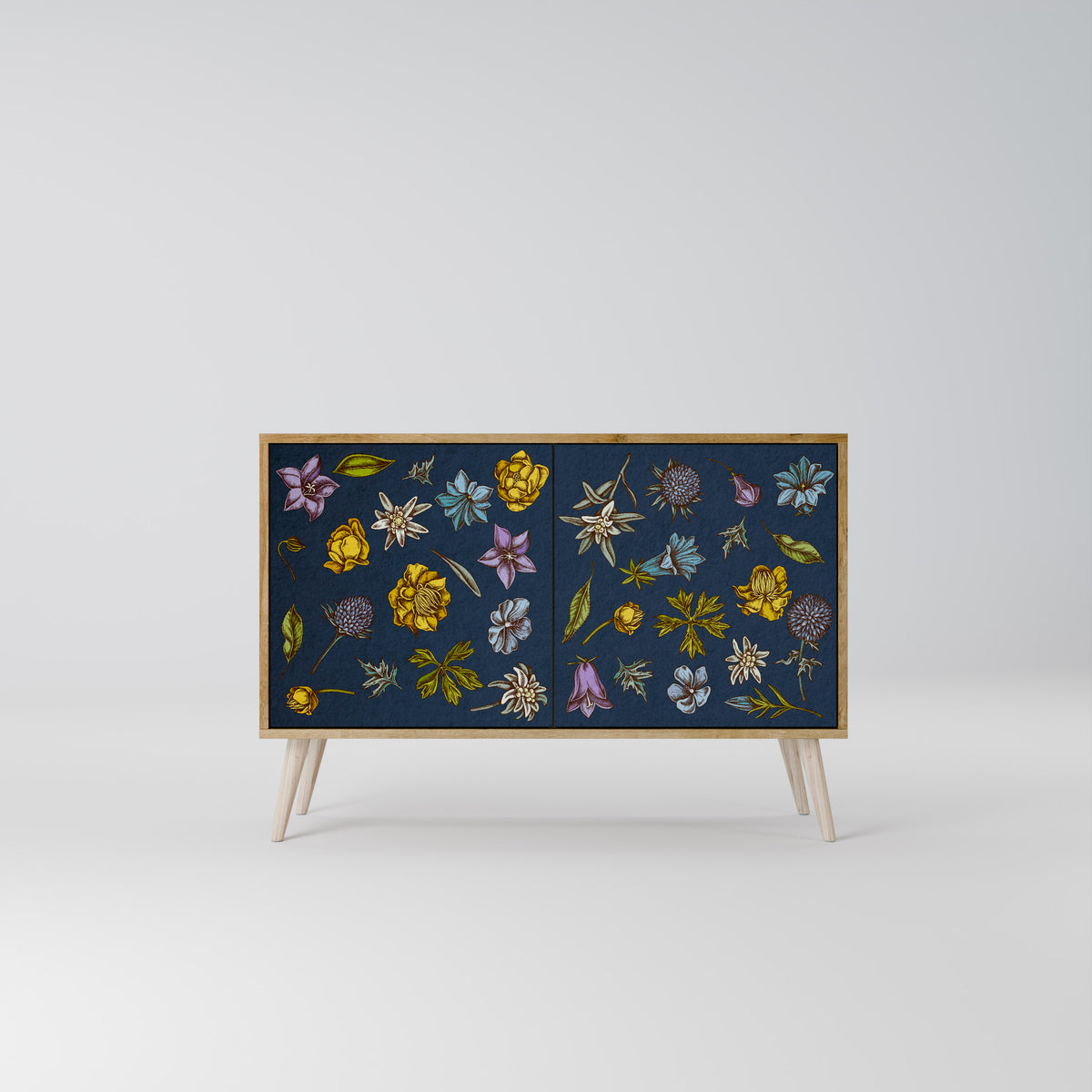 FLOWERS ON NAVY BLUE Skänk med två dörrar