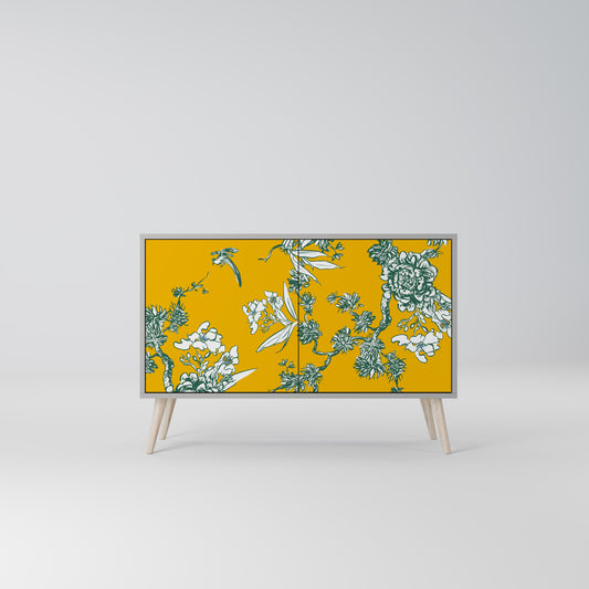 YELLOW CHINOISERIE 2-Door Sideboard in Grey Finish