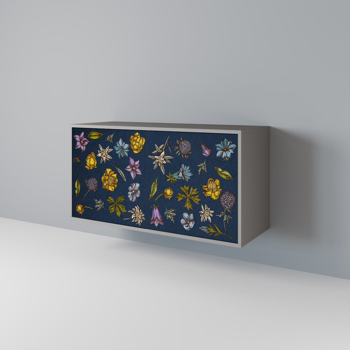 FLOWERS ON NAVY BLUE Skänk med två dörrar