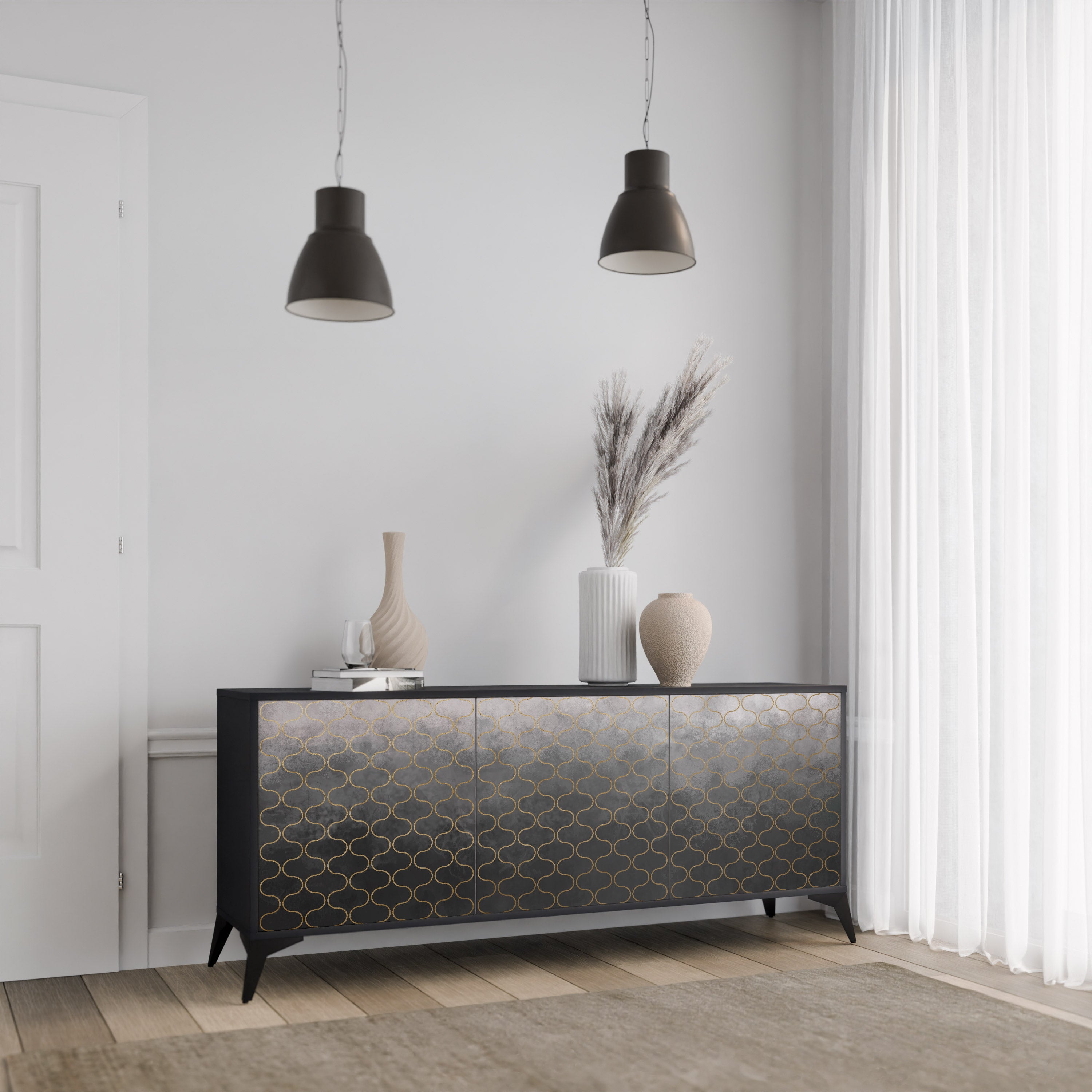TESSELATED GRÅLIG 3-dörrars skänk i svart finish