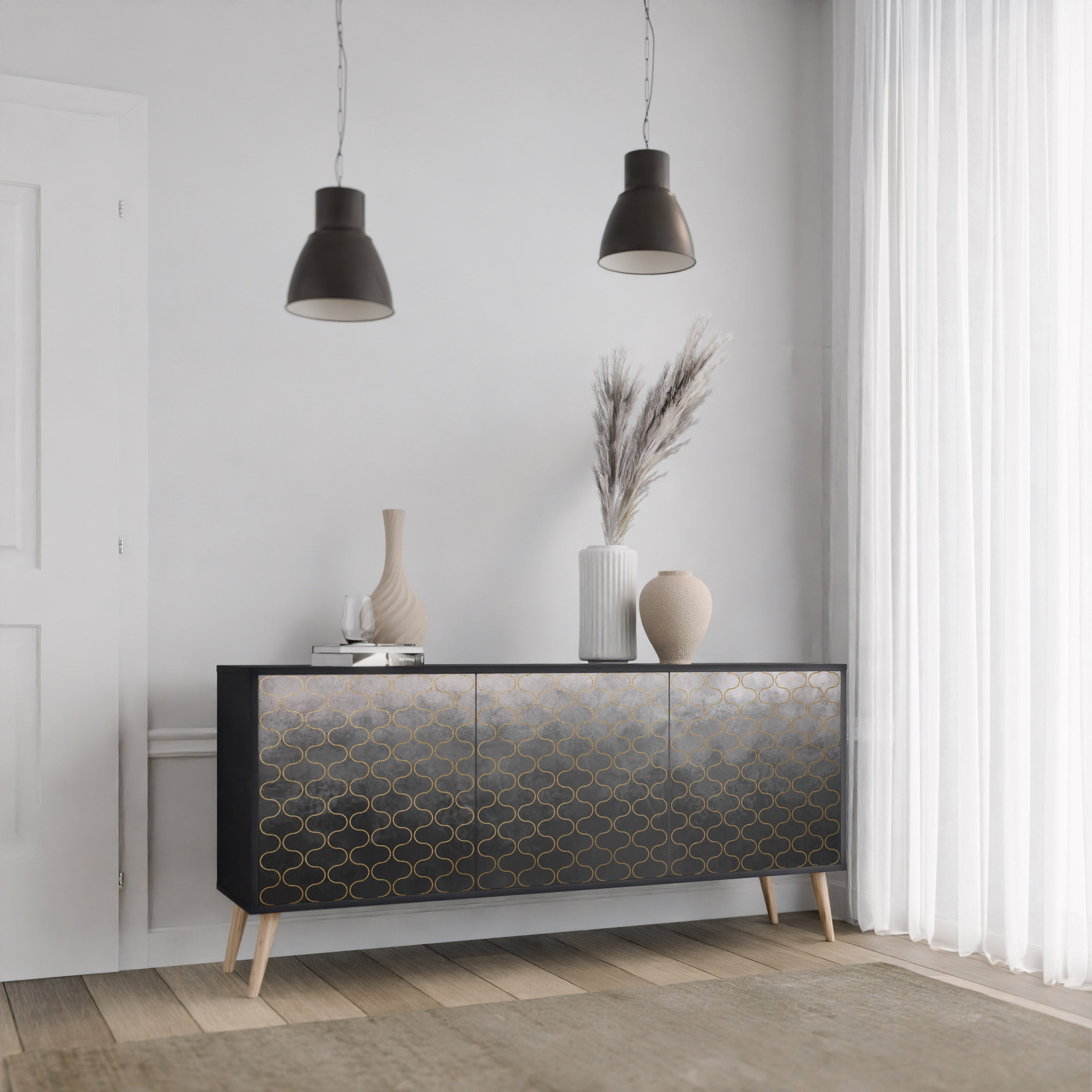 TESSELATED GRÅLIG 3-dörrars skänk i svart finish