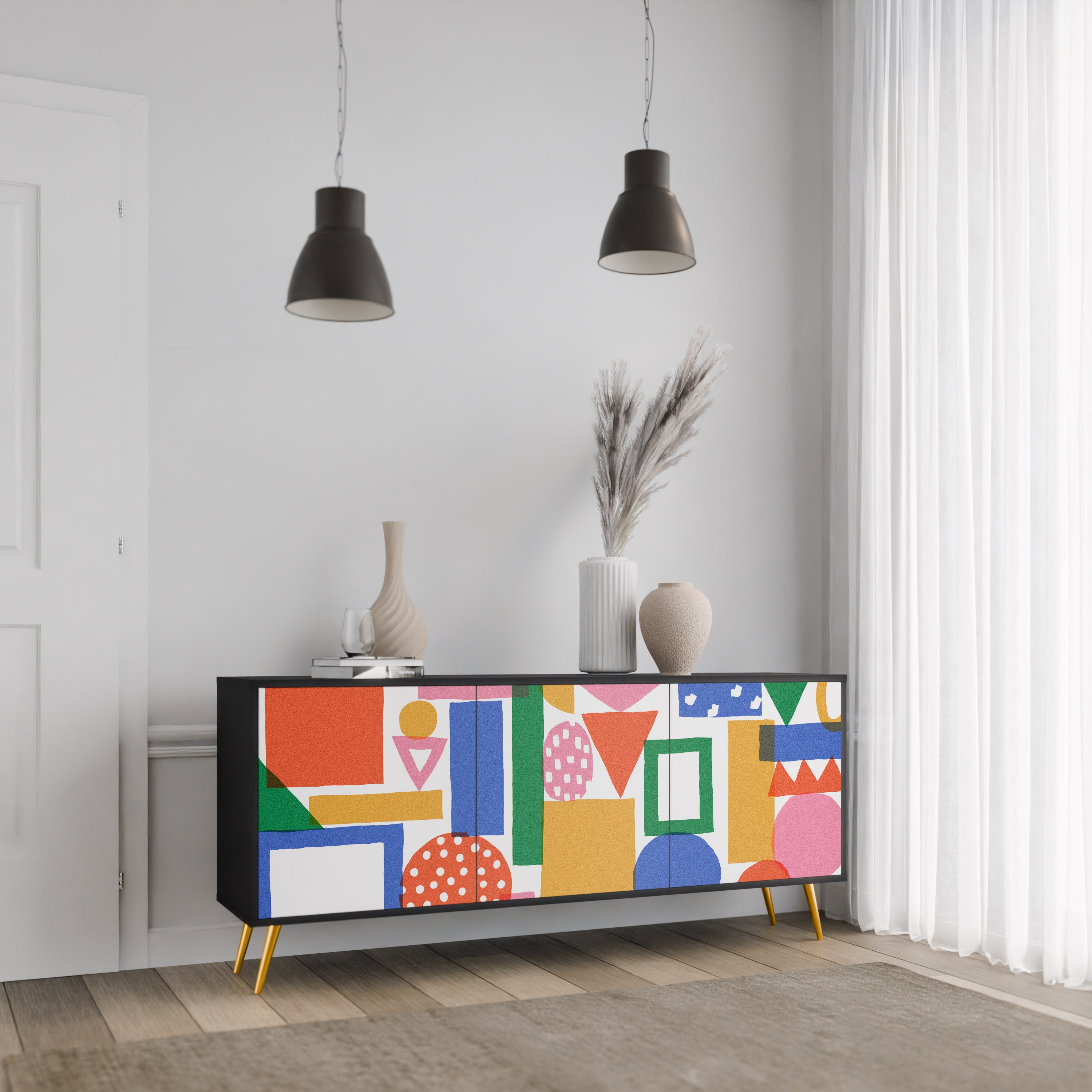 GEOMETRIC GLIMMER 3-dörrars skänk i svart finish