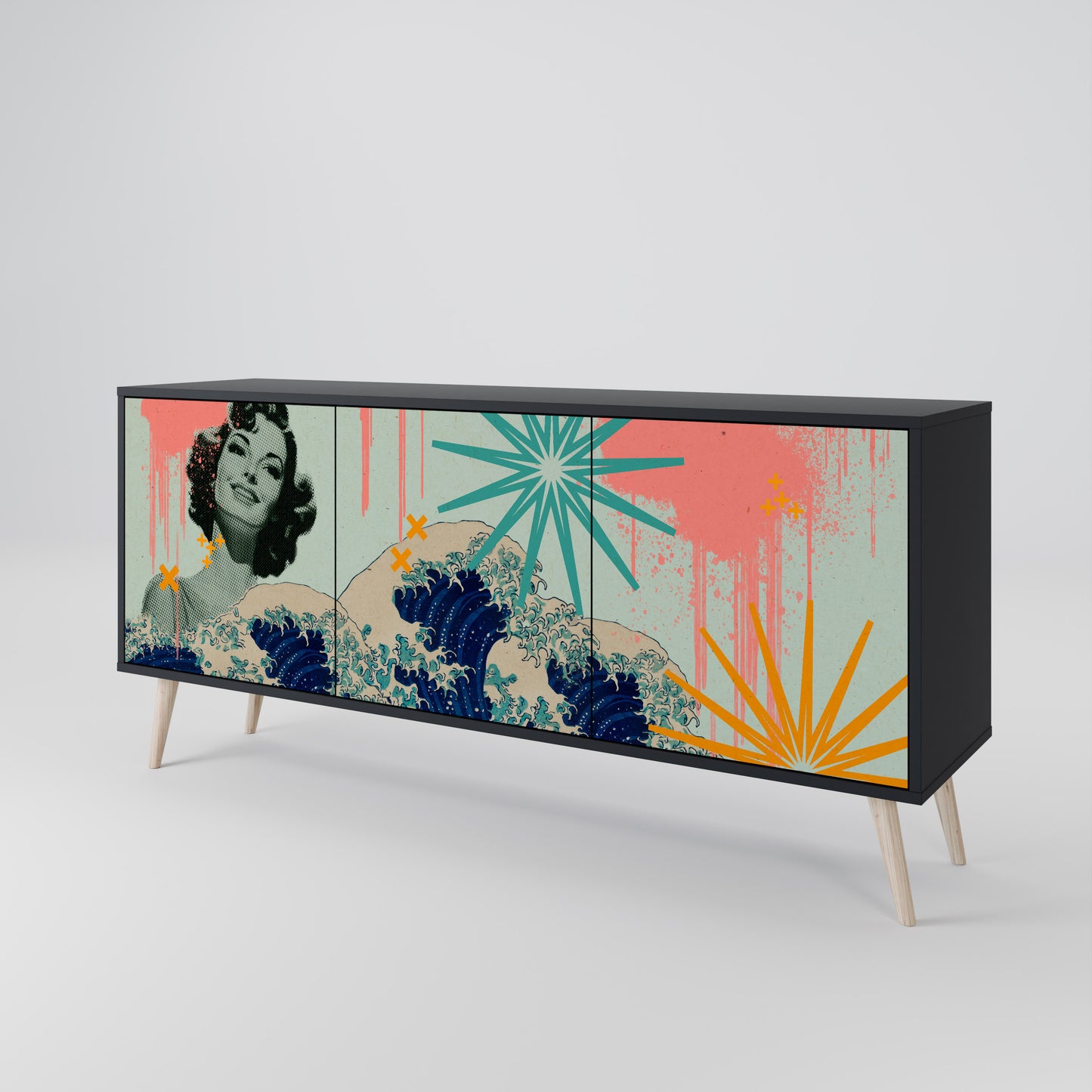 KANAGAWA BEAUTY 3-dörrars skänk i svart finish