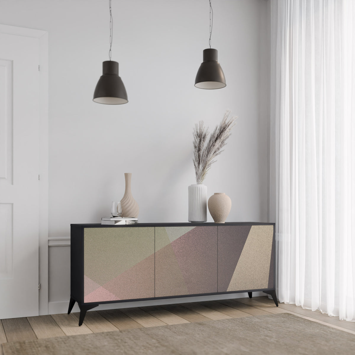 BEIGE GEOMETRY Skänk med tre dörrar