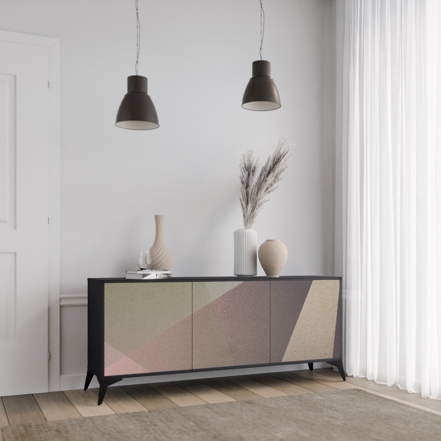 BEIGE GEOMETRY 3-dörrars skänk i svart finish