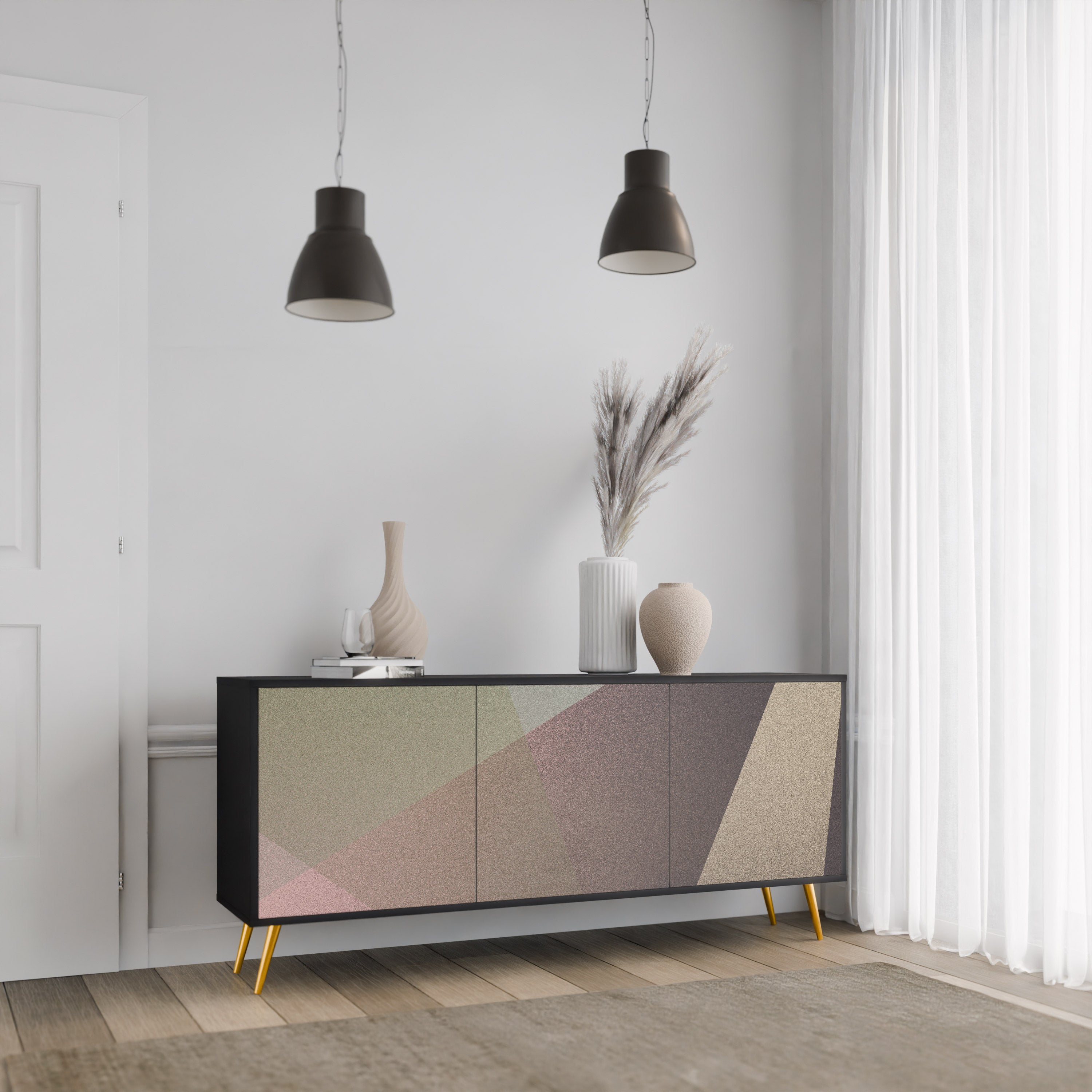 BEIGE GEOMETRY 3-dörrars skänk i svart finish