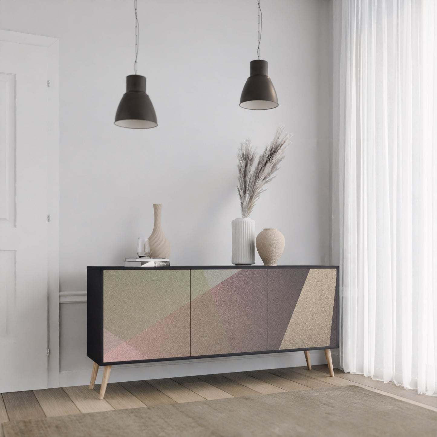 BEIGE GEOMETRY 3-dörrars skänk i svart finish