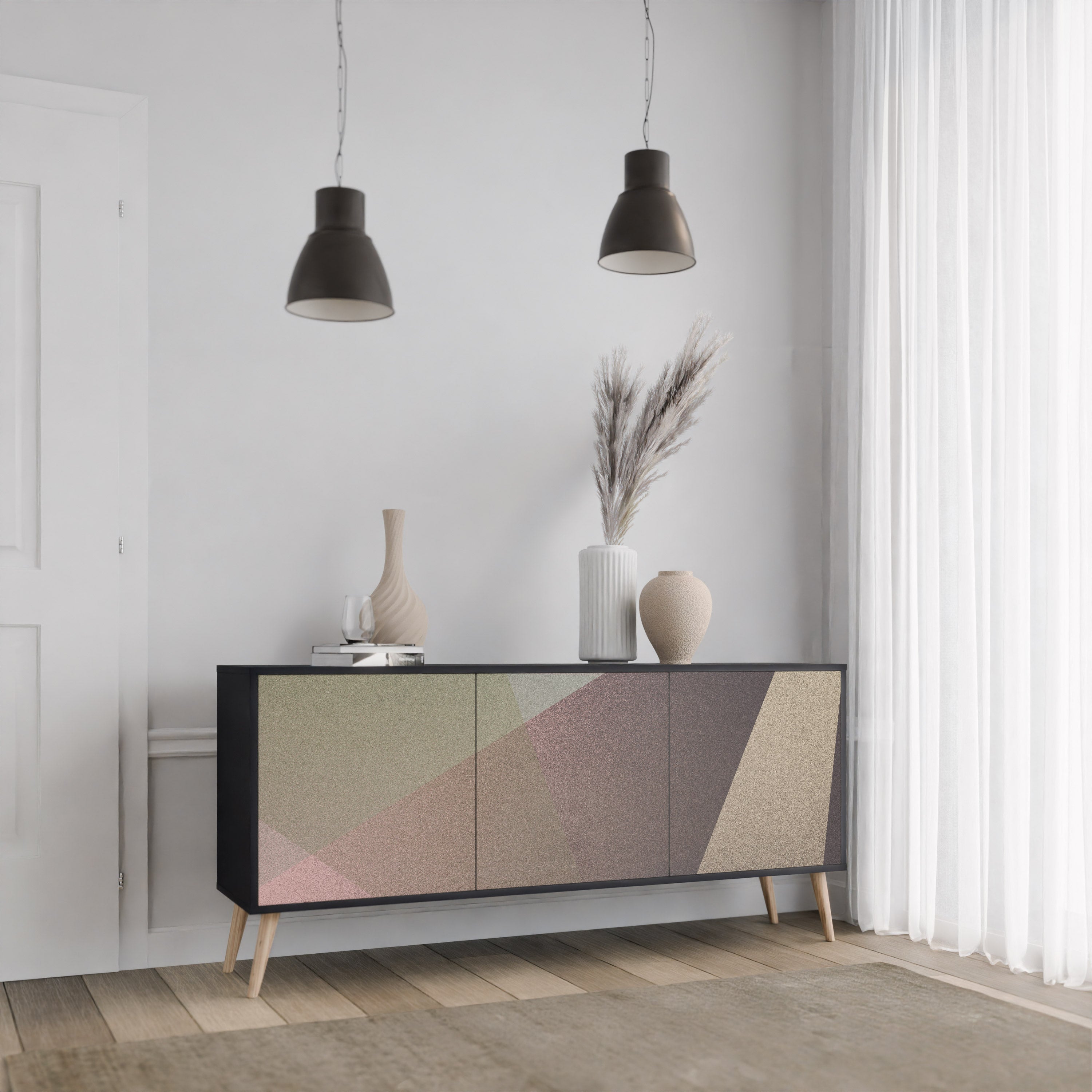BEIGE GEOMETRY 3-dörrars skänk i svart finish