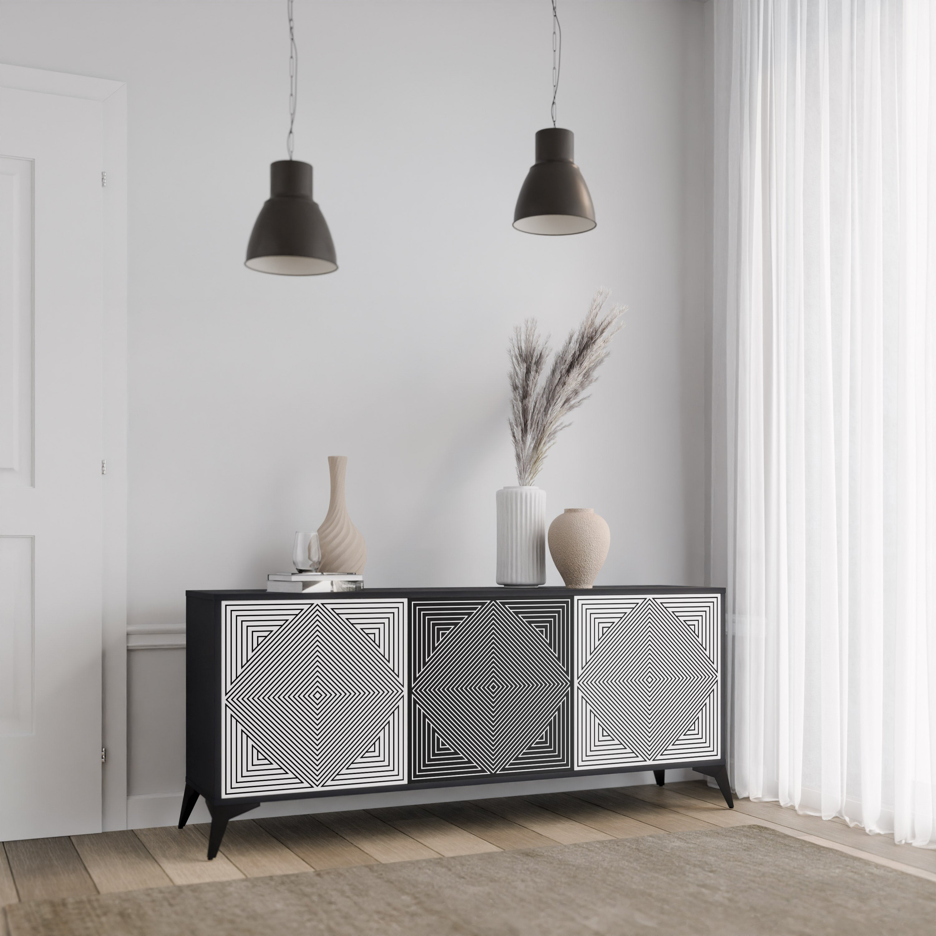 POLYGON ILLUSION 3-dörrars skänk i svart finish
