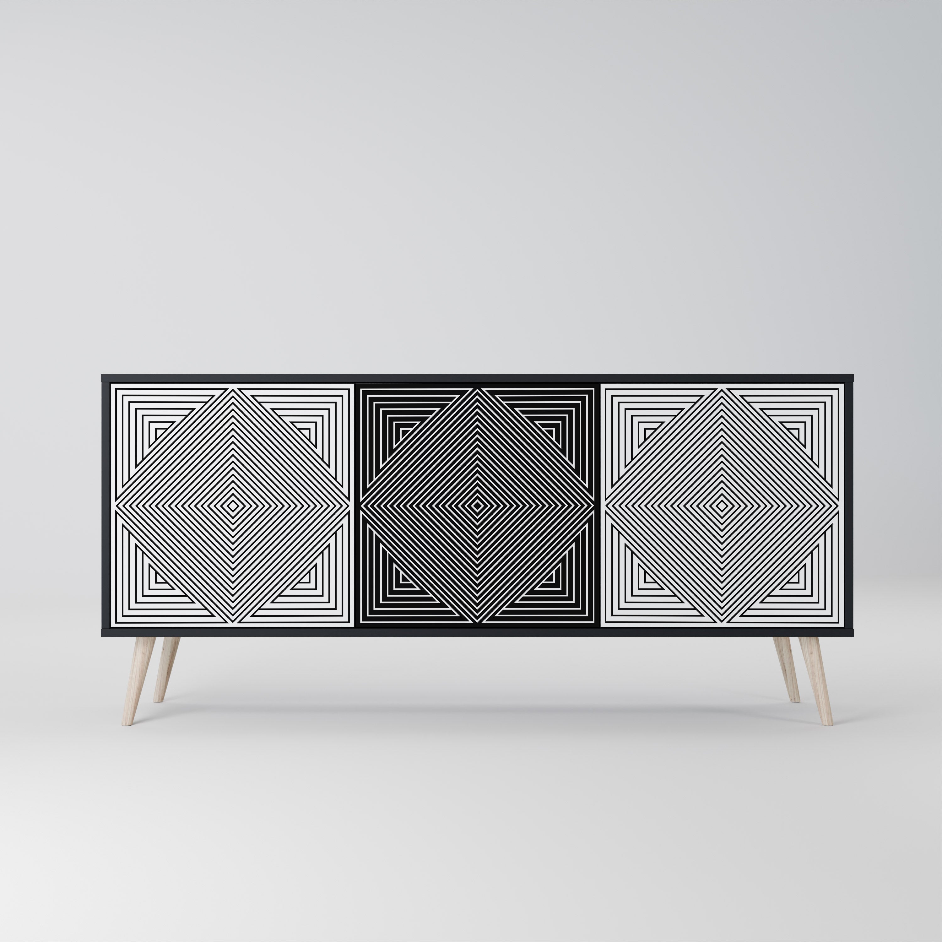POLYGON ILLUSION 3-dörrars skänk i svart finish
