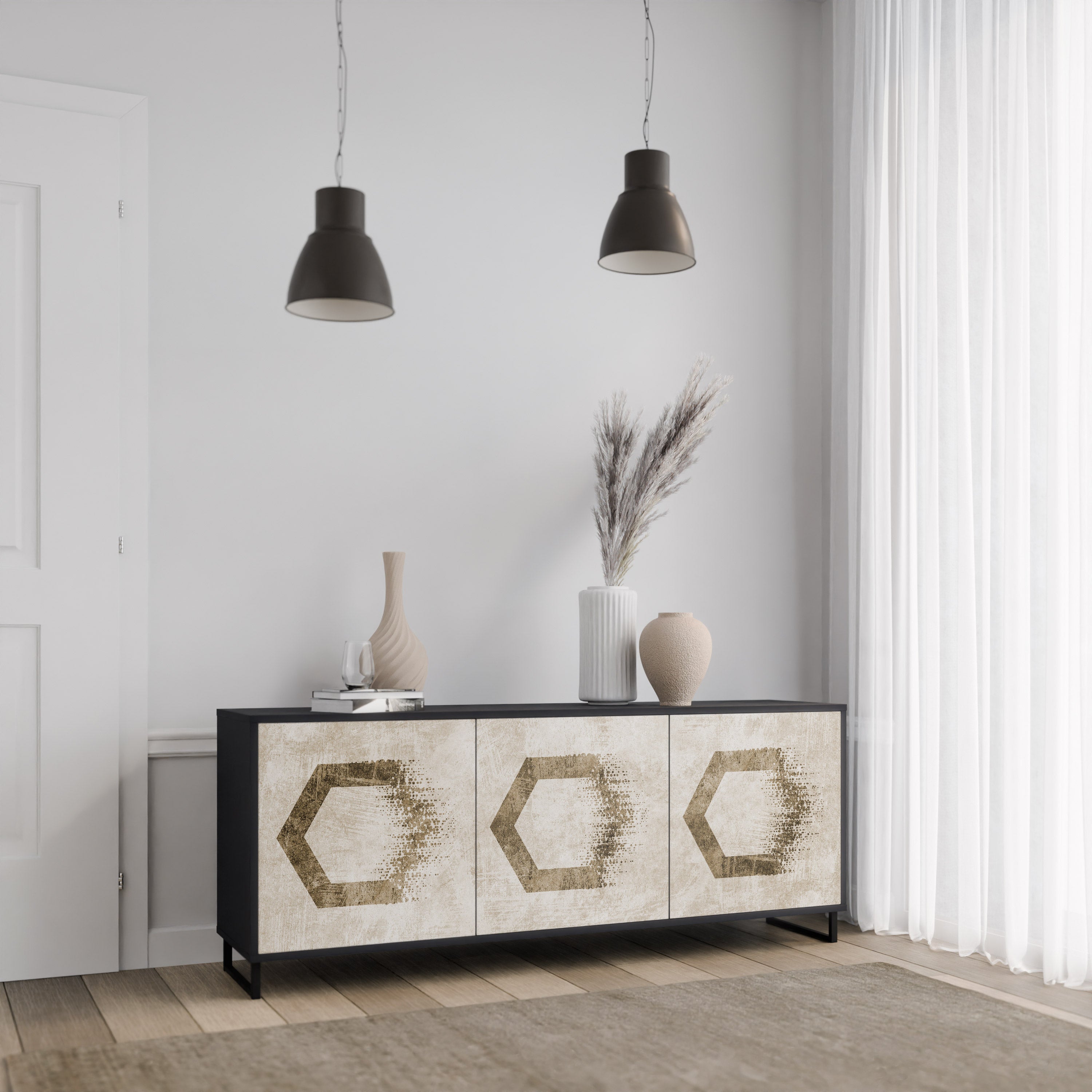 HEXAGONALA FORMAR 3-dörrars skänk i svart finish
