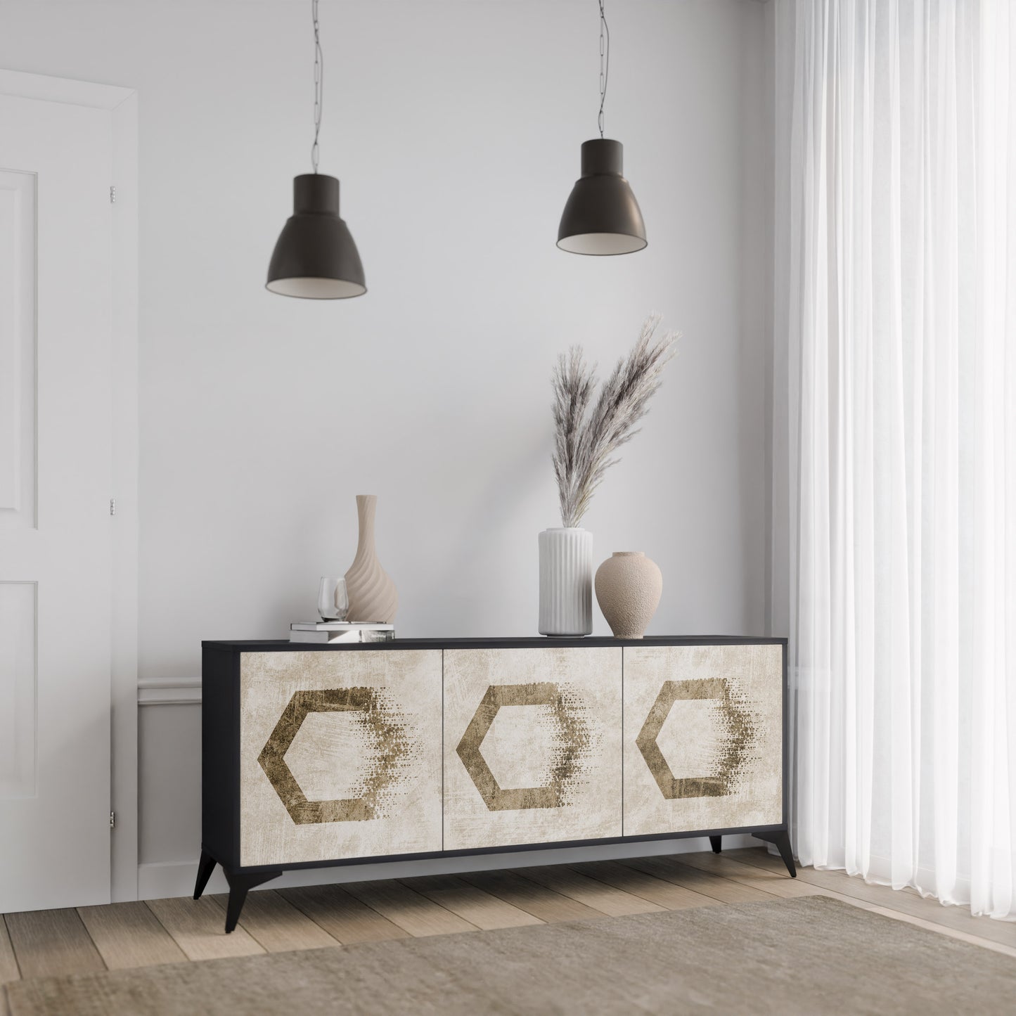 HEXAGONALA FORMAR 3-dörrars skänk i svart finish