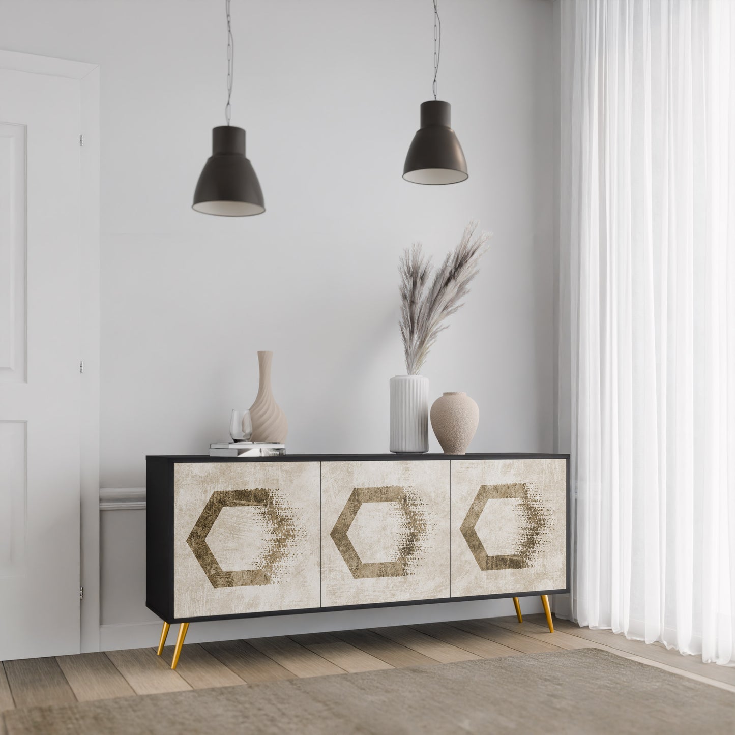 HEXAGONALA FORMAR 3-dörrars skänk i svart finish