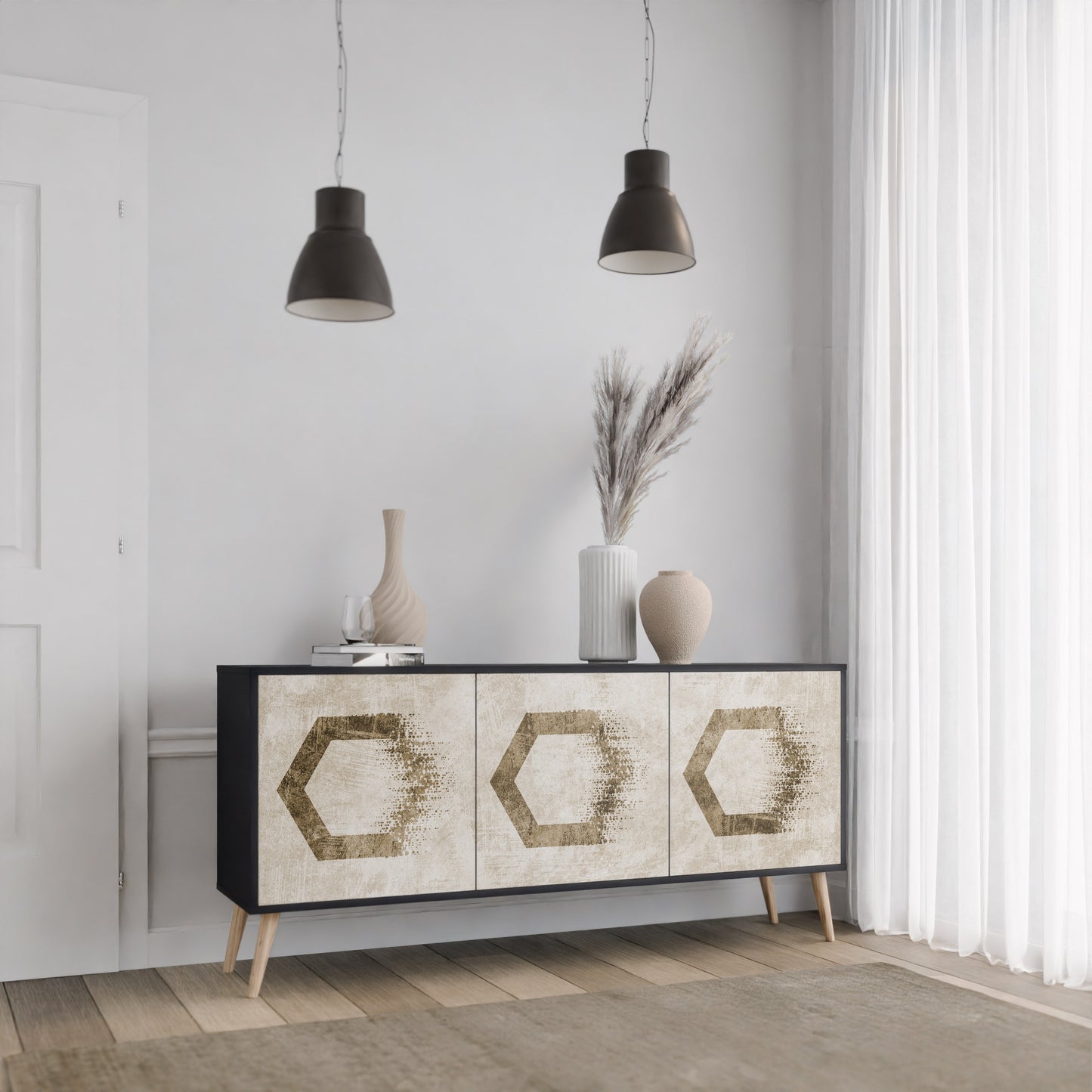 HEXAGONALA FORMAR 3-dörrars skänk i svart finish