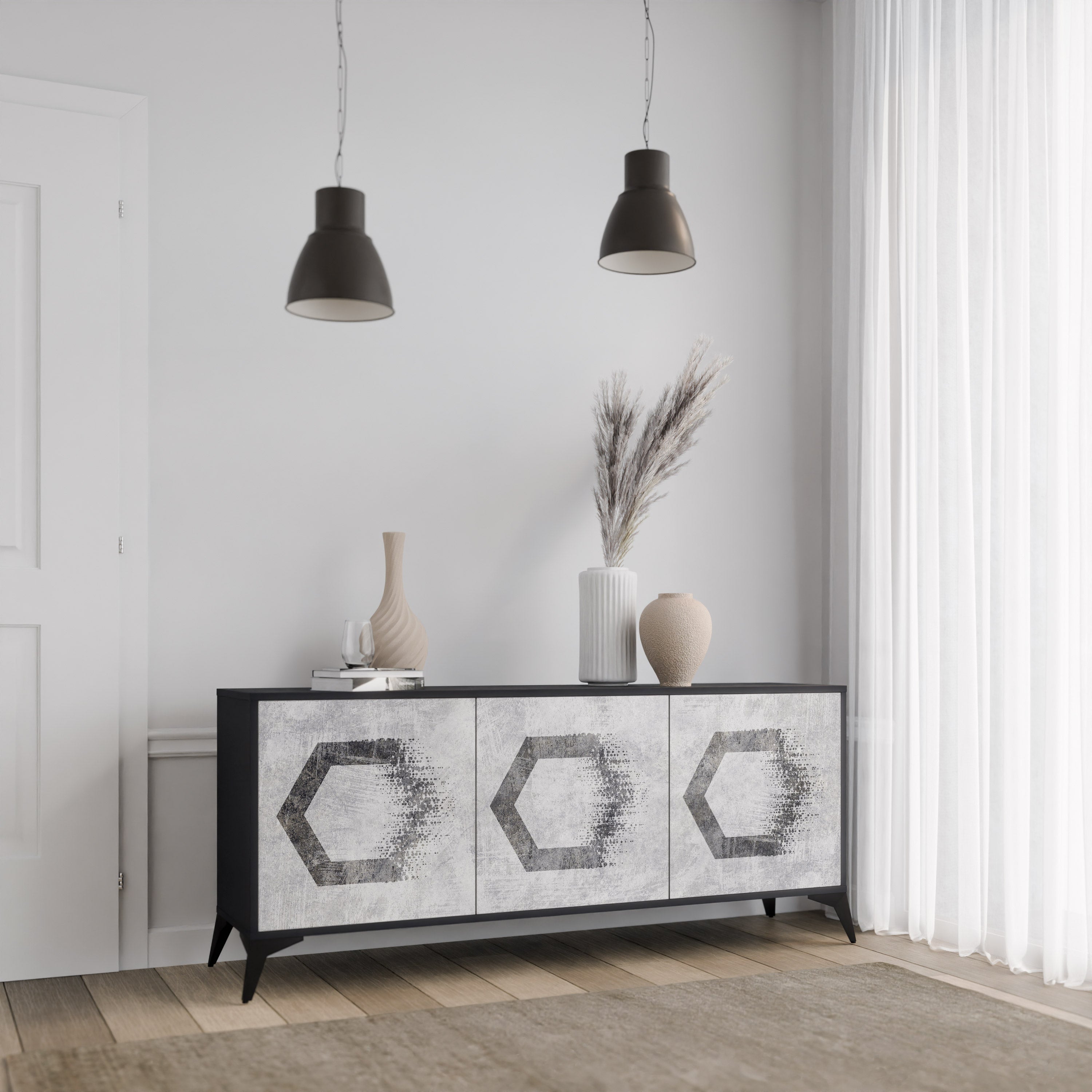 HEXAGONAL FIGURES 3-dörrars skänk i svart finish